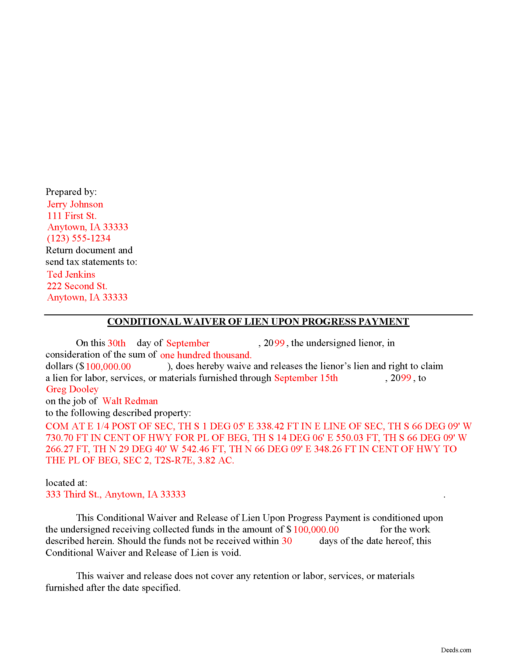 Completed Example of the Conditional Lien Waiver upon Progress Payment Document