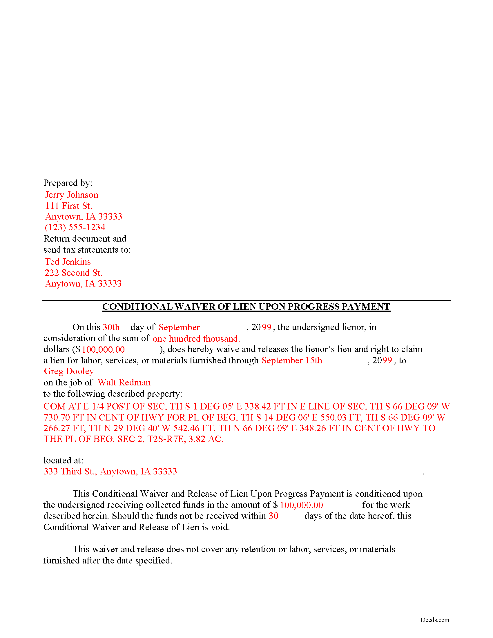 Black Hawk County Conditional Lien Waiver upon Progress Payment Form ...