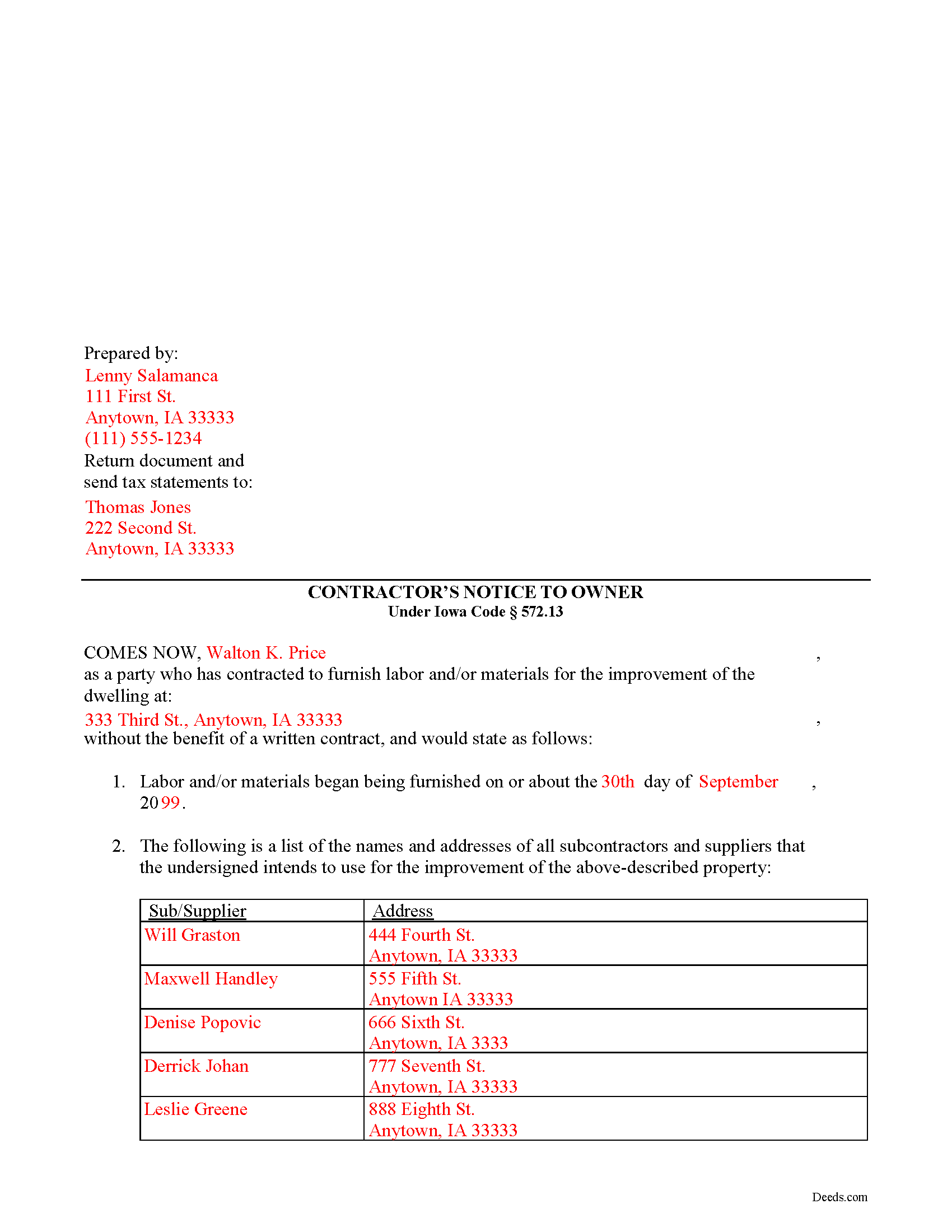 Completed Example of the Contractor Notice to Owner Document