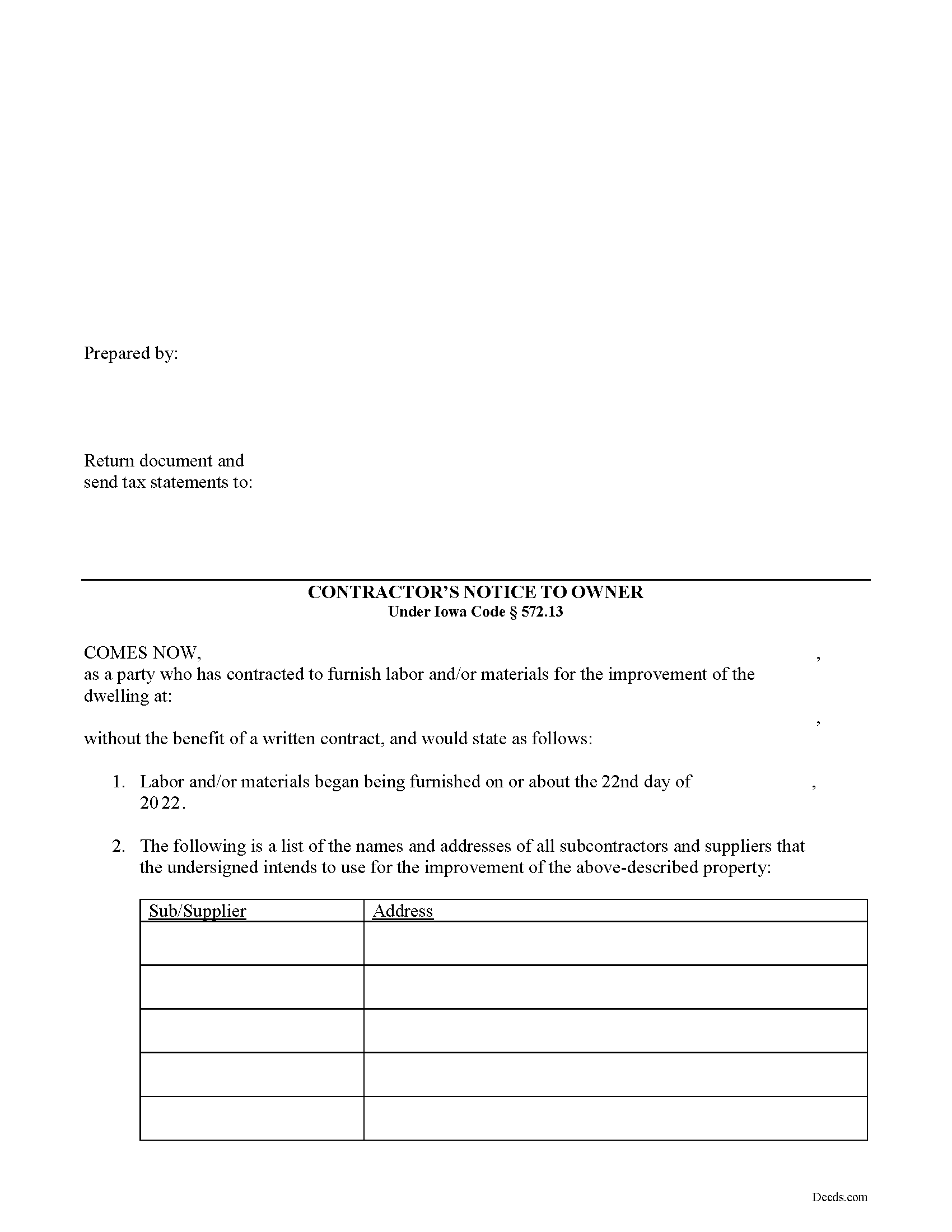 Contractor Notice to Owner Form