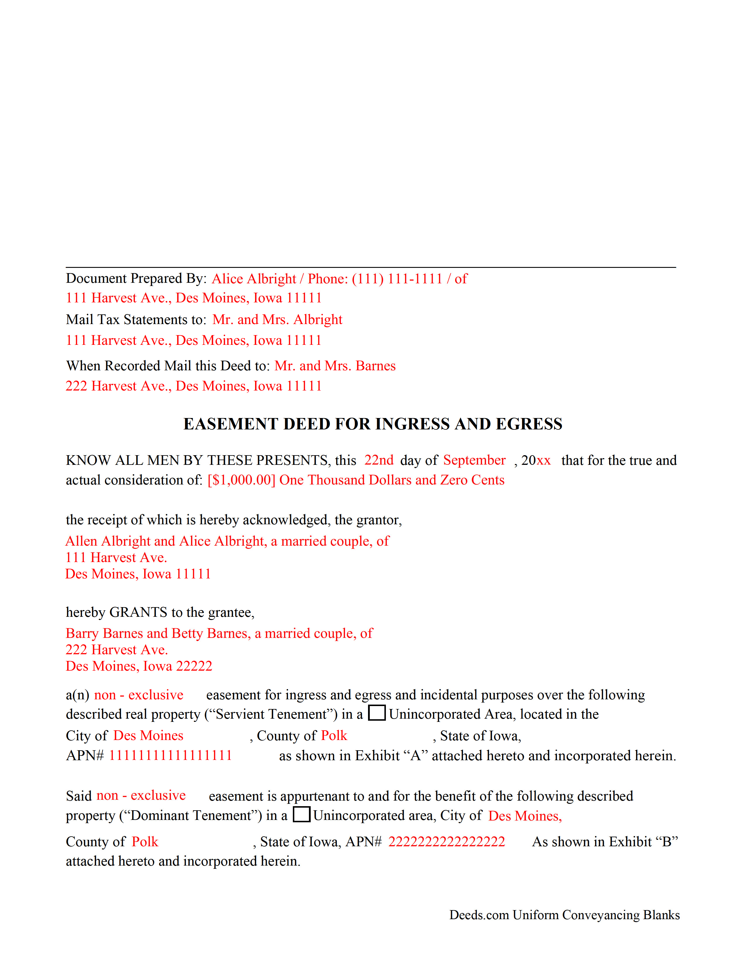 Completed Example of the Easement Deed Document