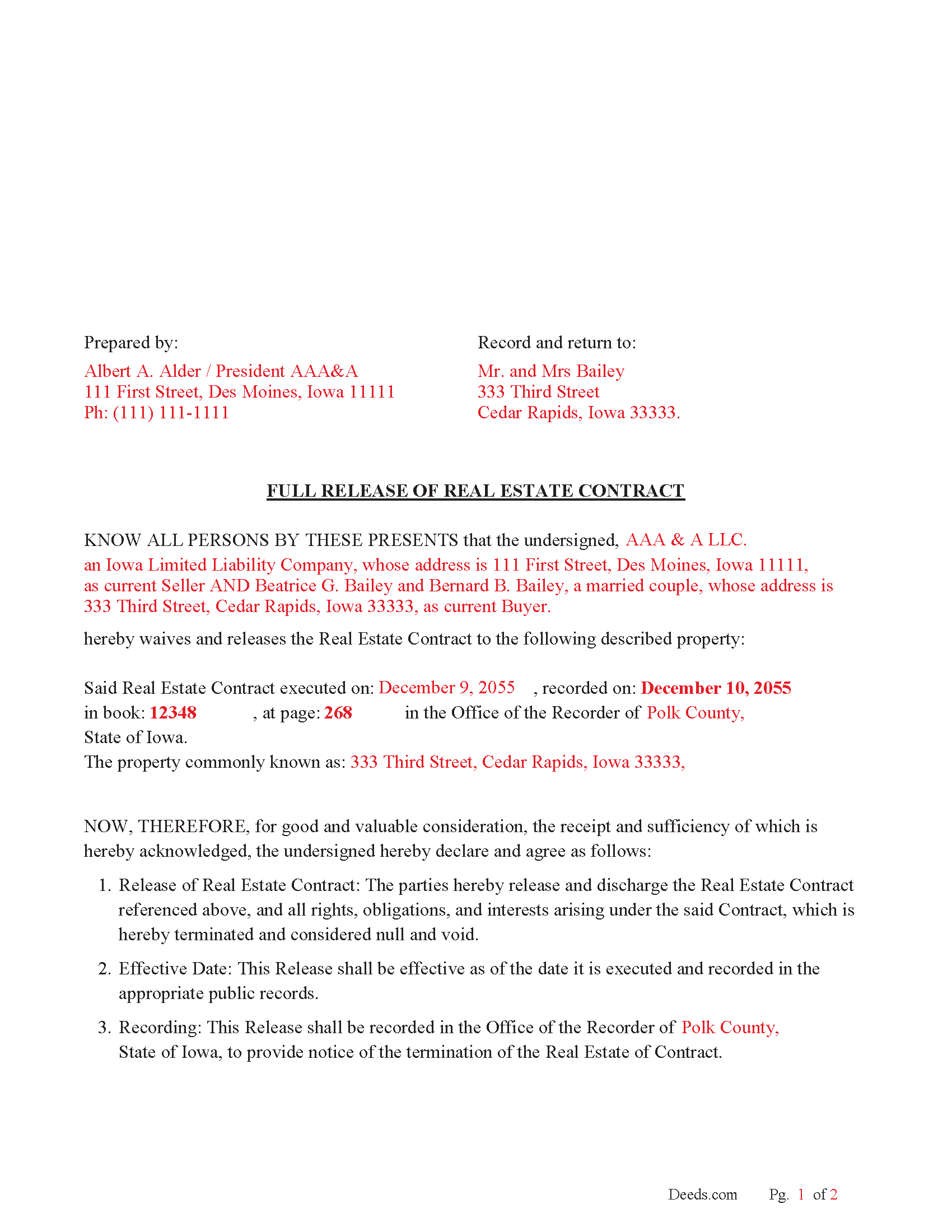 Page County Completed Example of the Full Release of Real Estate Contract Document
