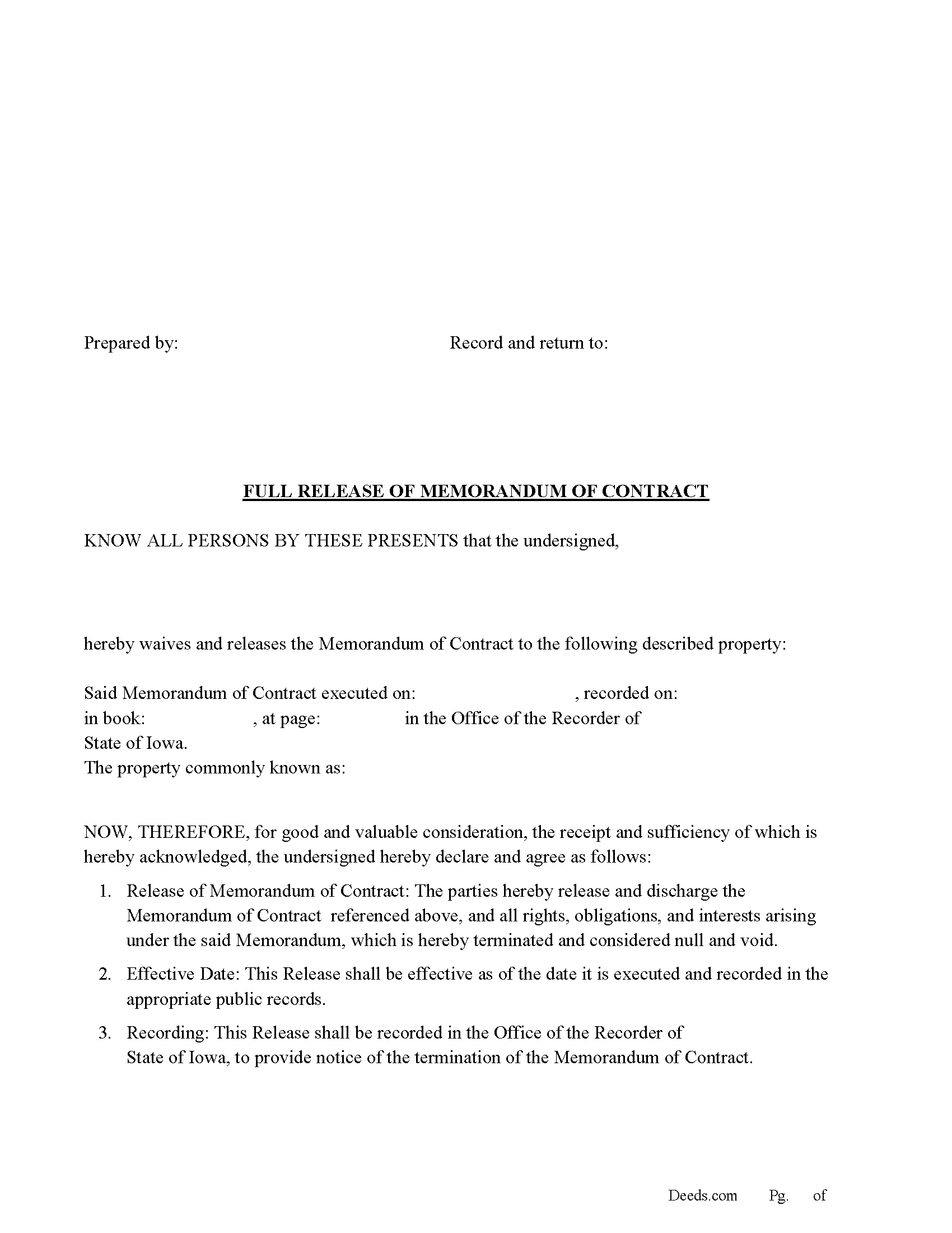 Full Release of Memorandum of Contract