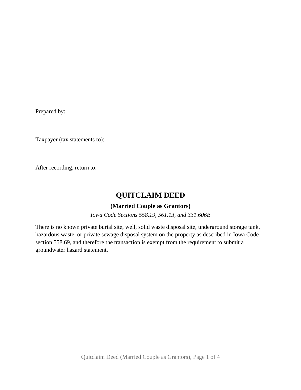 Iowa Quitclaim Deed (Married Couple as Grantors)