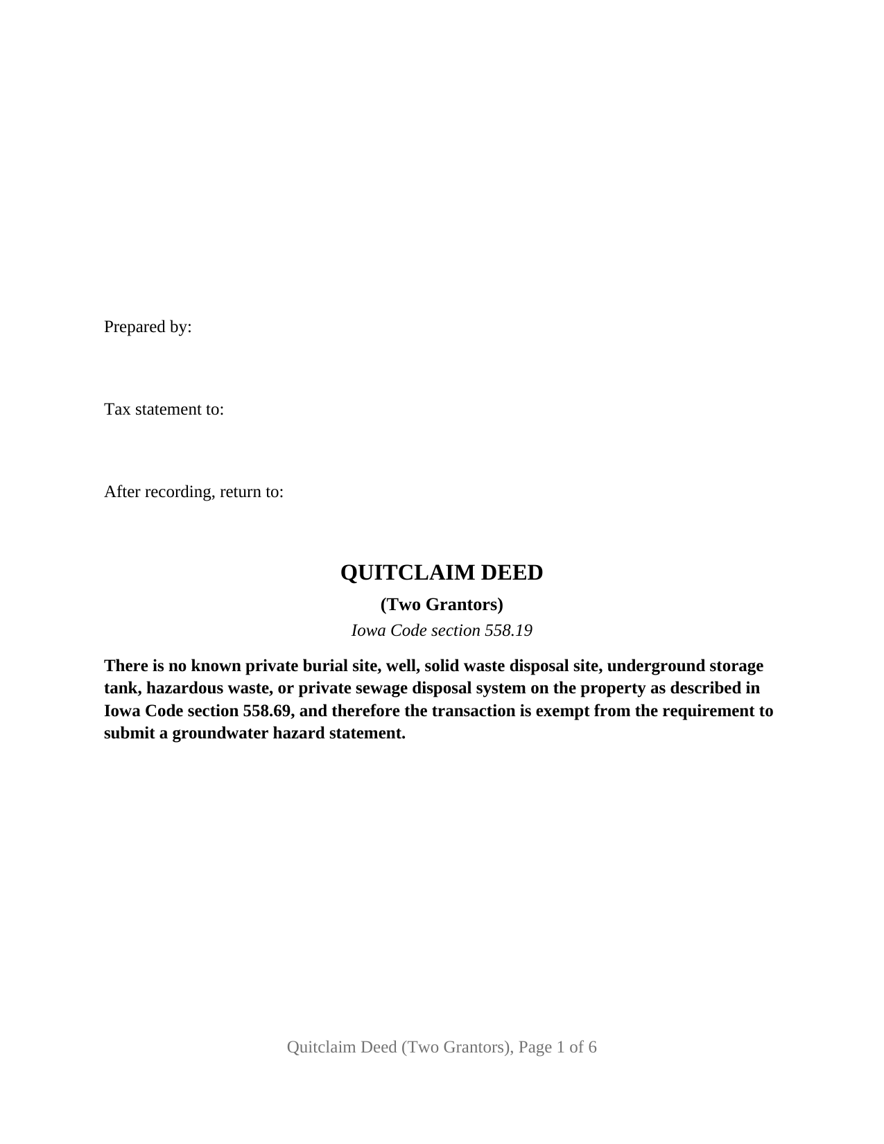 Iowa Quitclaim Deed (Two Grantors)