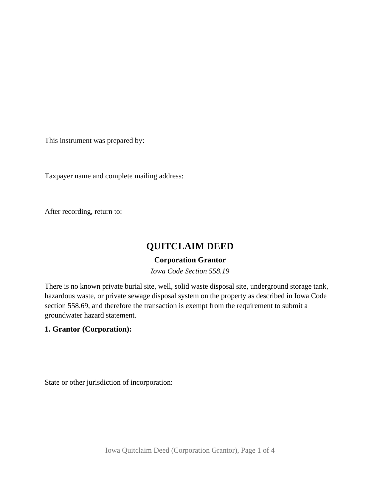 Iowa Quitclaim Deed (Corporation Grantor)