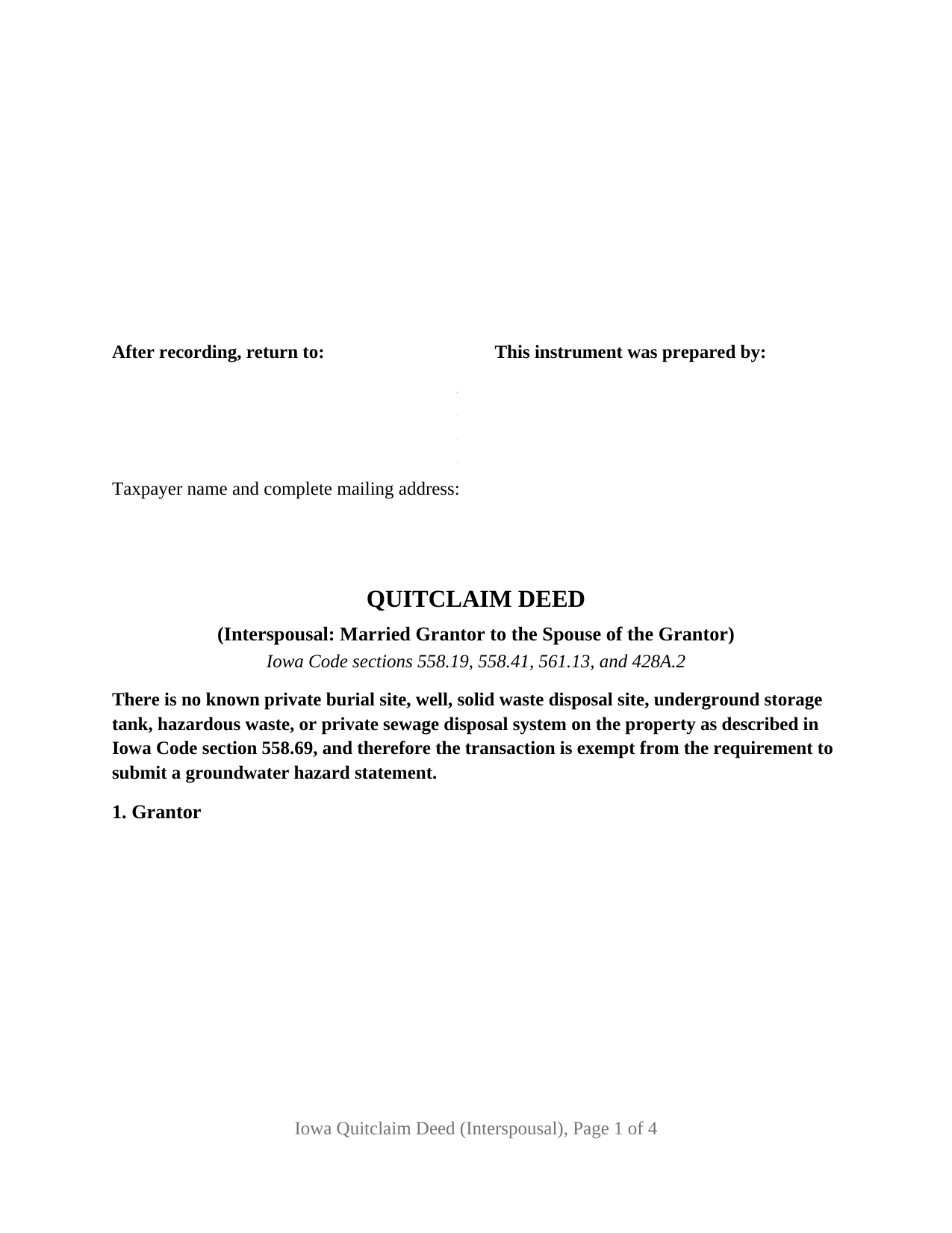 Iowa Quitclaim Deed (Interspousal)