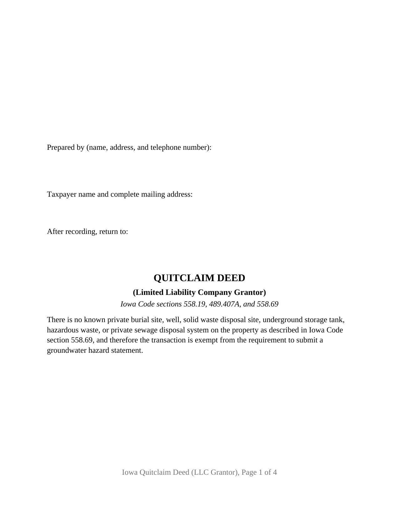 Iowa Quitclaim Deed (LLC Grantor)
