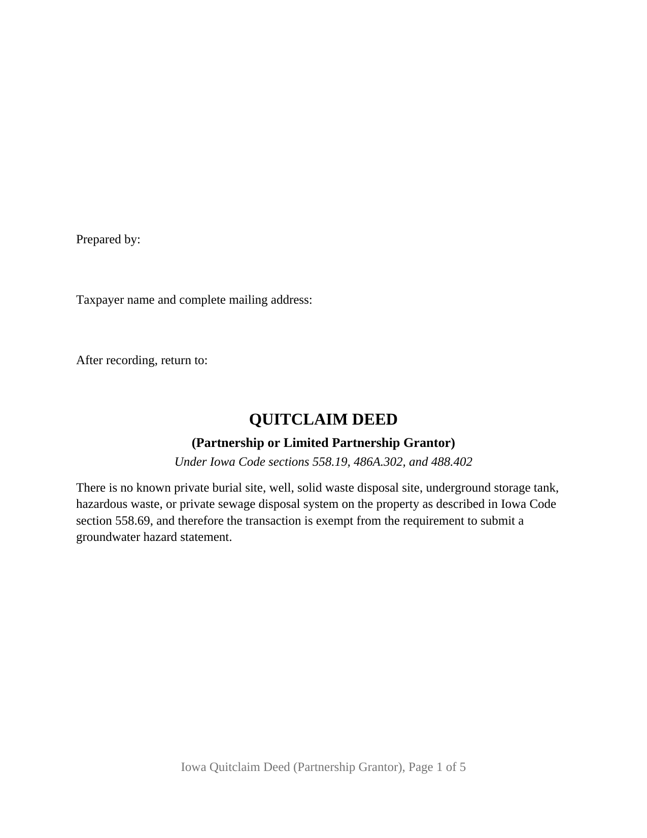 Iowa Quitclaim Deed (Partnership or Limited Partnership Grantor)