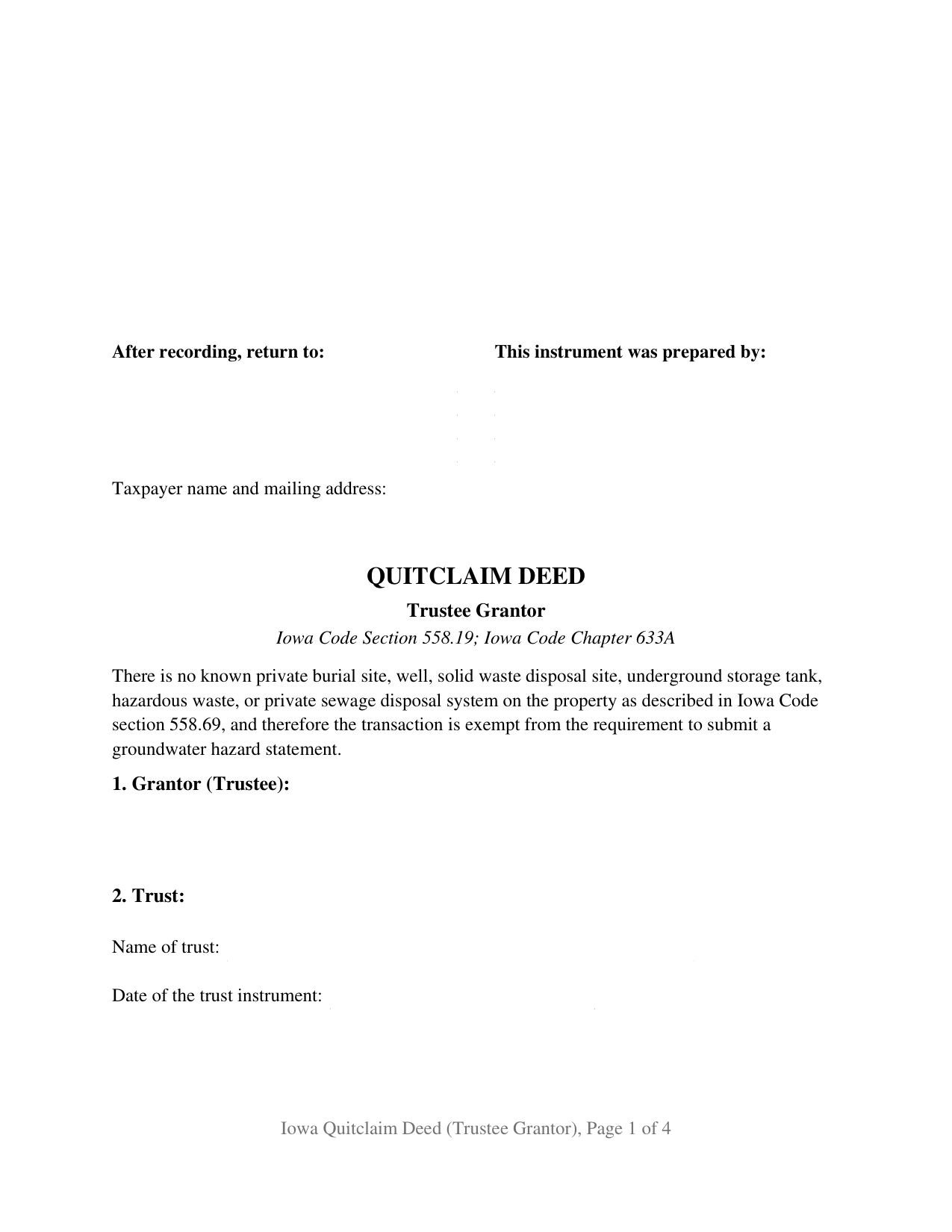 Iowa Quitclaim Deed (Trustee Grantor)