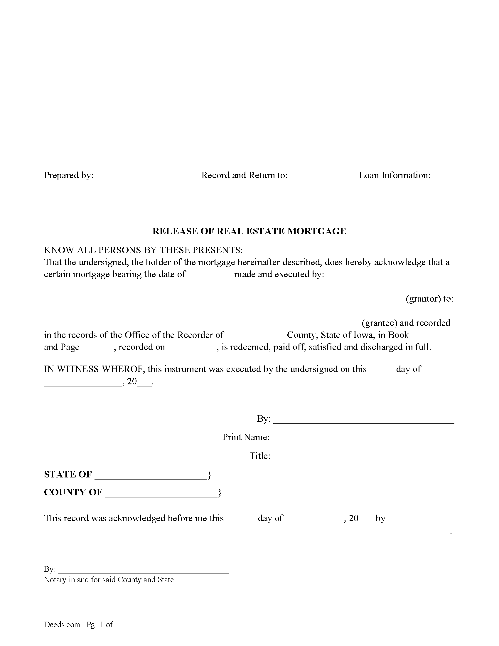 Iowa Release of Real Estate Mortgage Image