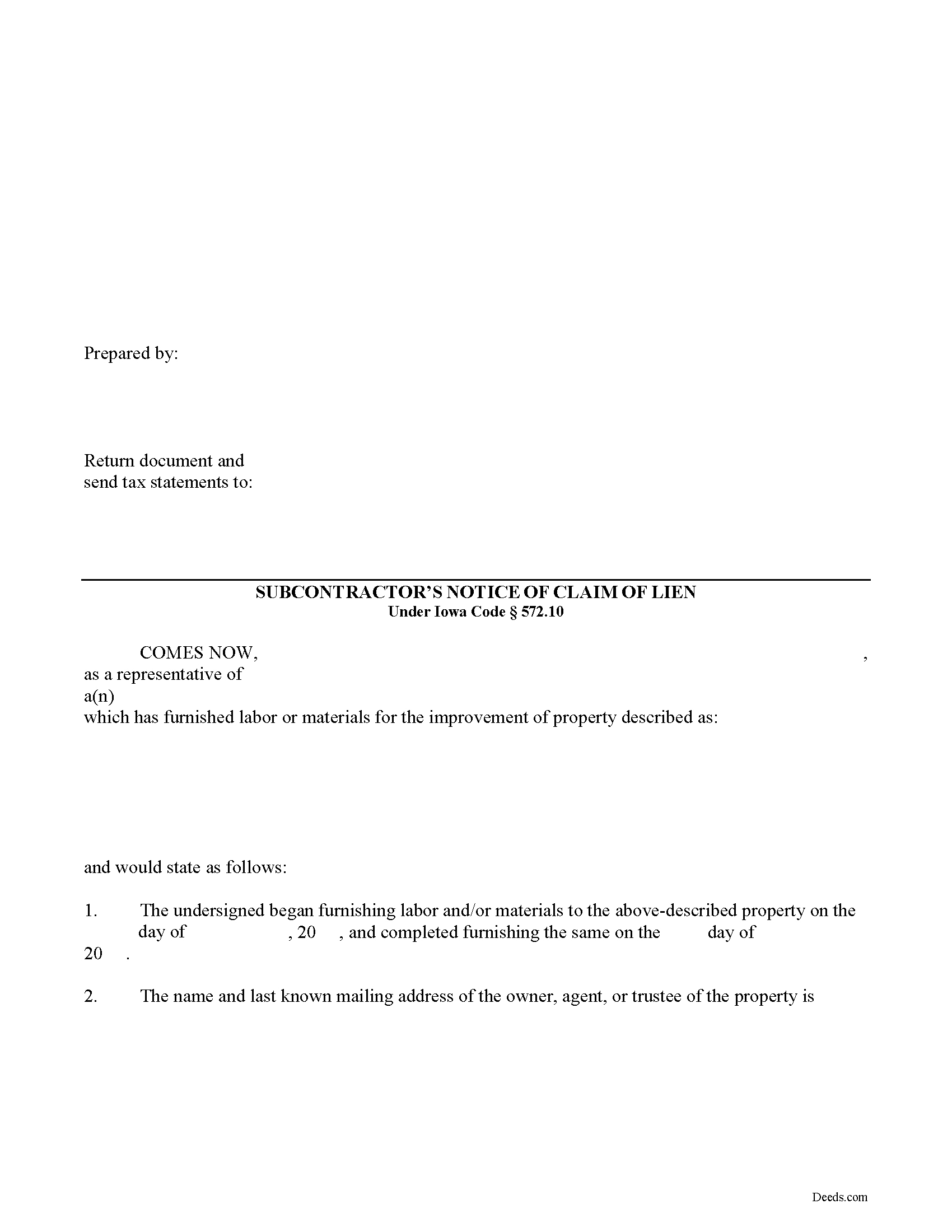 Iowa Subcontractor Claim of Mechanics Lien Image