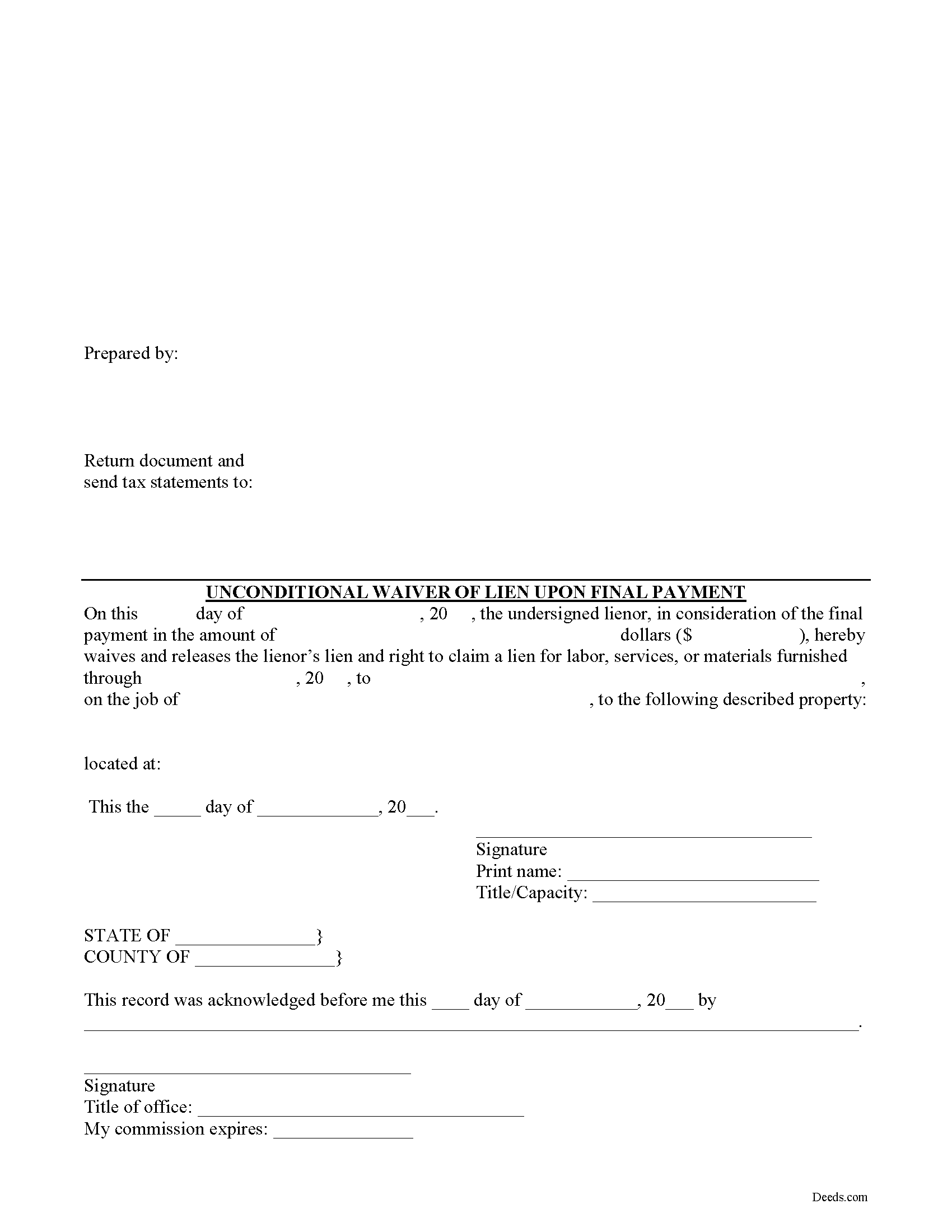 Iowa Unconditional Waiver on Final Payment Image