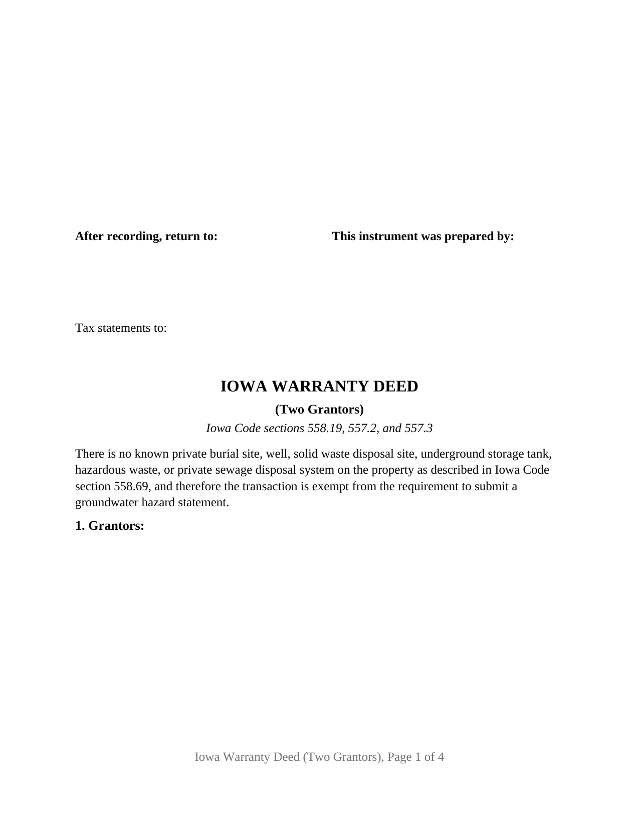 Iowa Warranty Deed (Two Grantors)