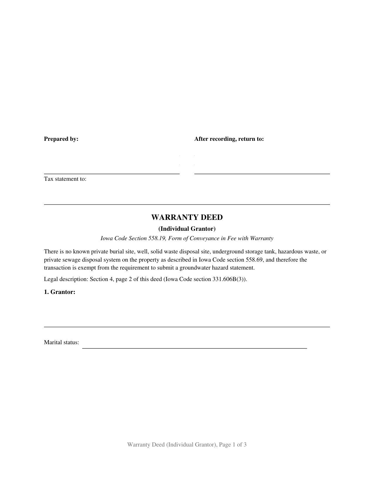 Iowa Warranty Deed (Individual Grantor)