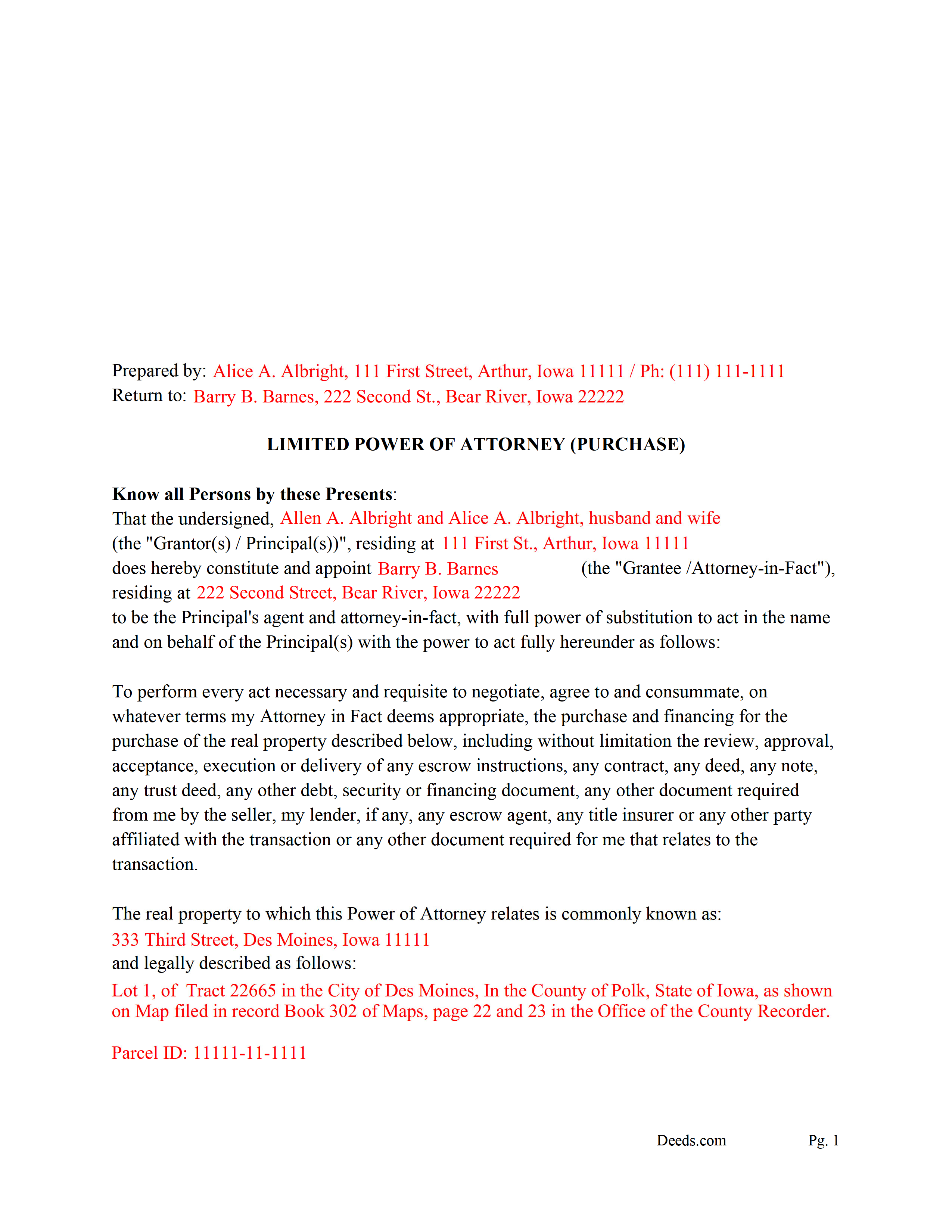 Page County Completed Example of the Limited Power of Attorney Document