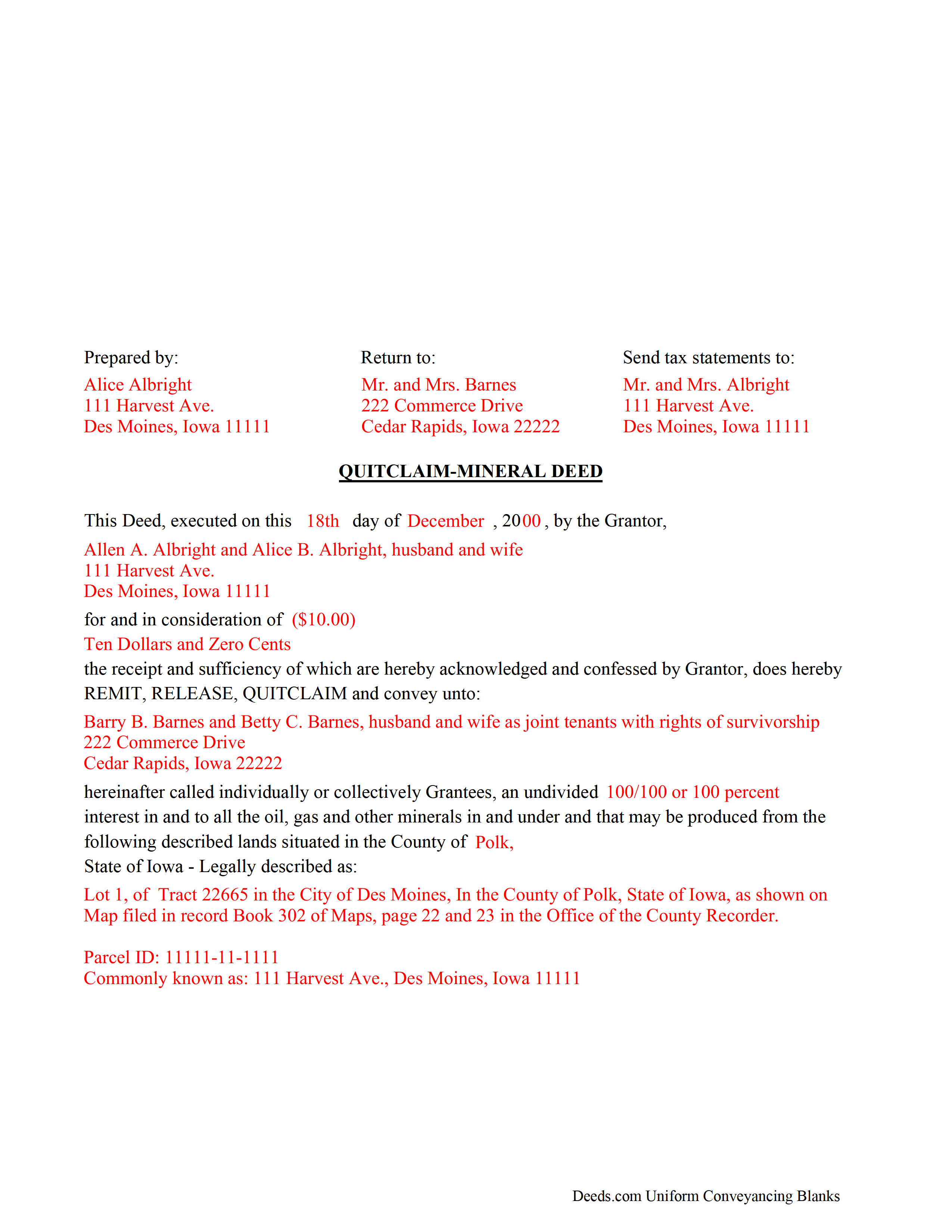 Clarke County Completed Example of the Mineral Deed with Quitclaim Covenants Document
