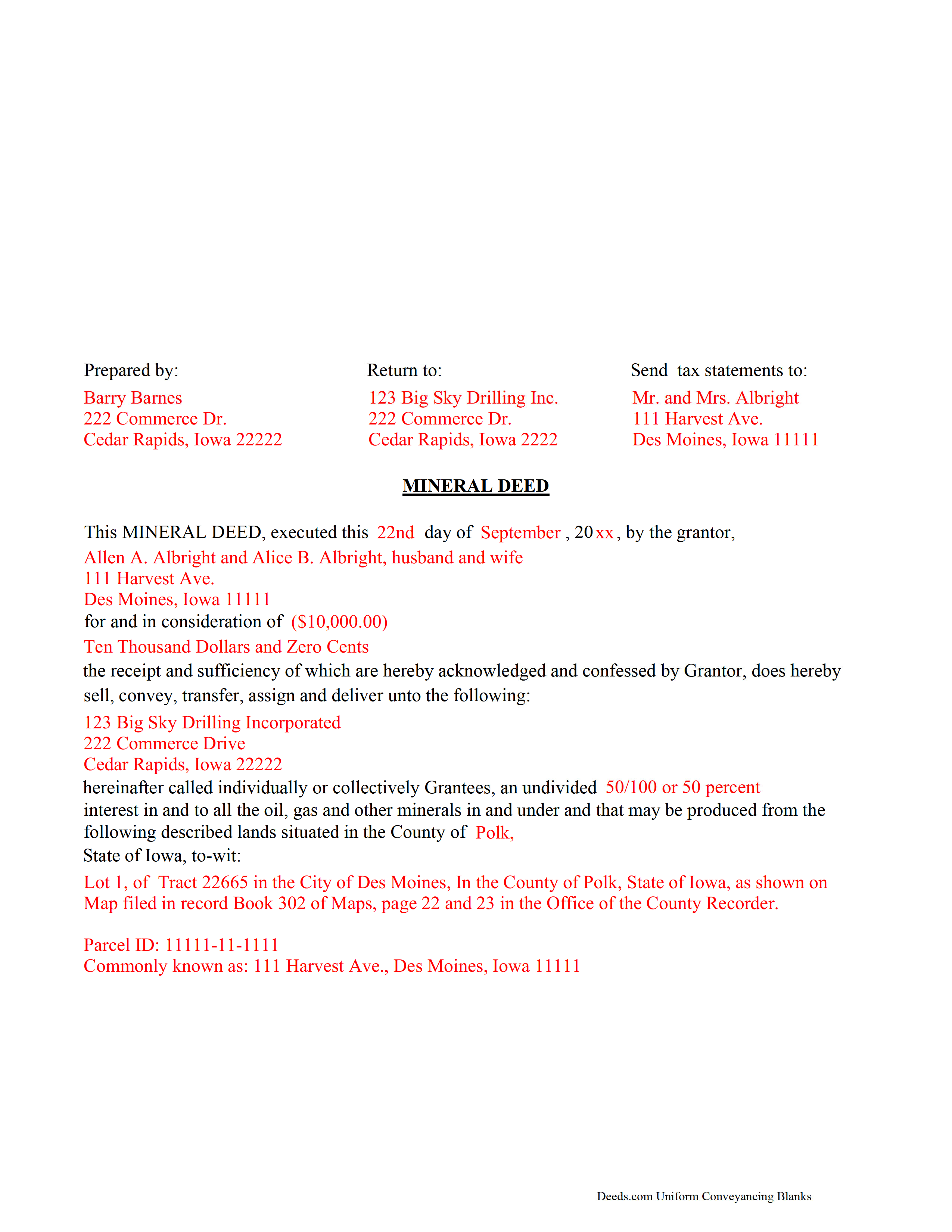 Howard County Completed Example of a Mineral Deed Document