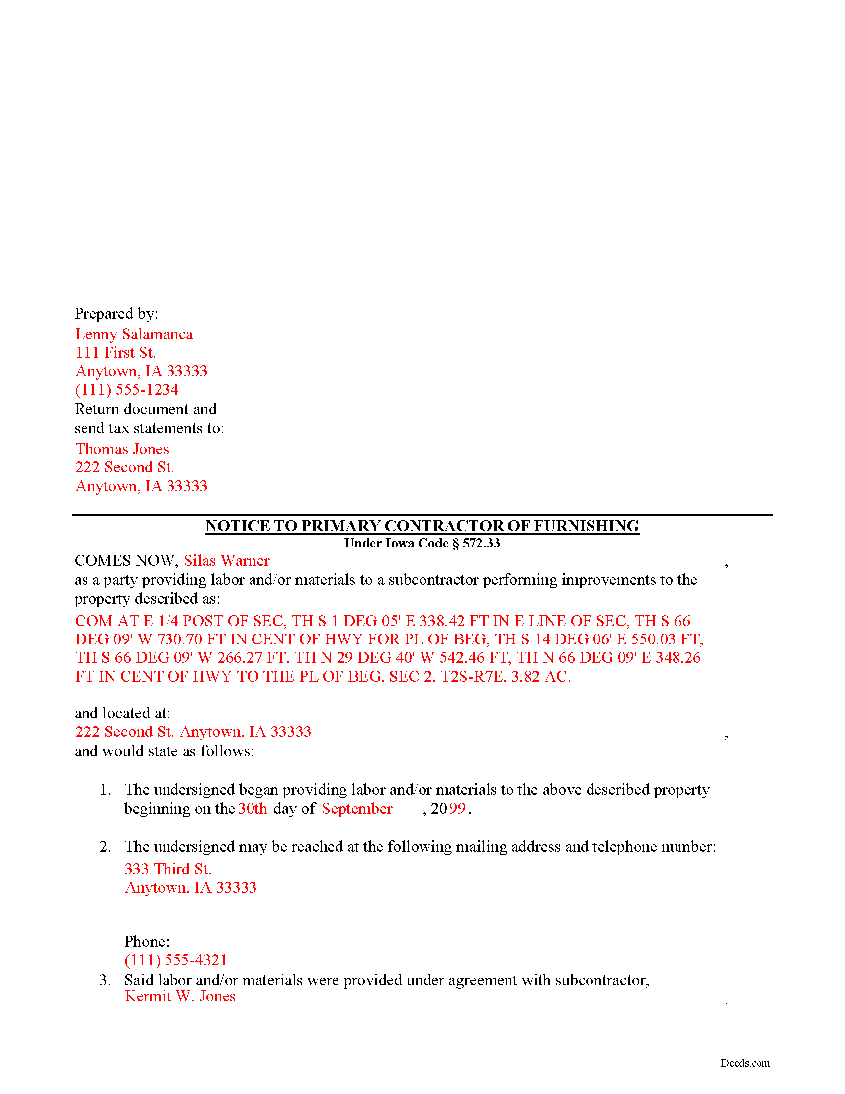Completed Example of the Notice to Primary Contractor Document