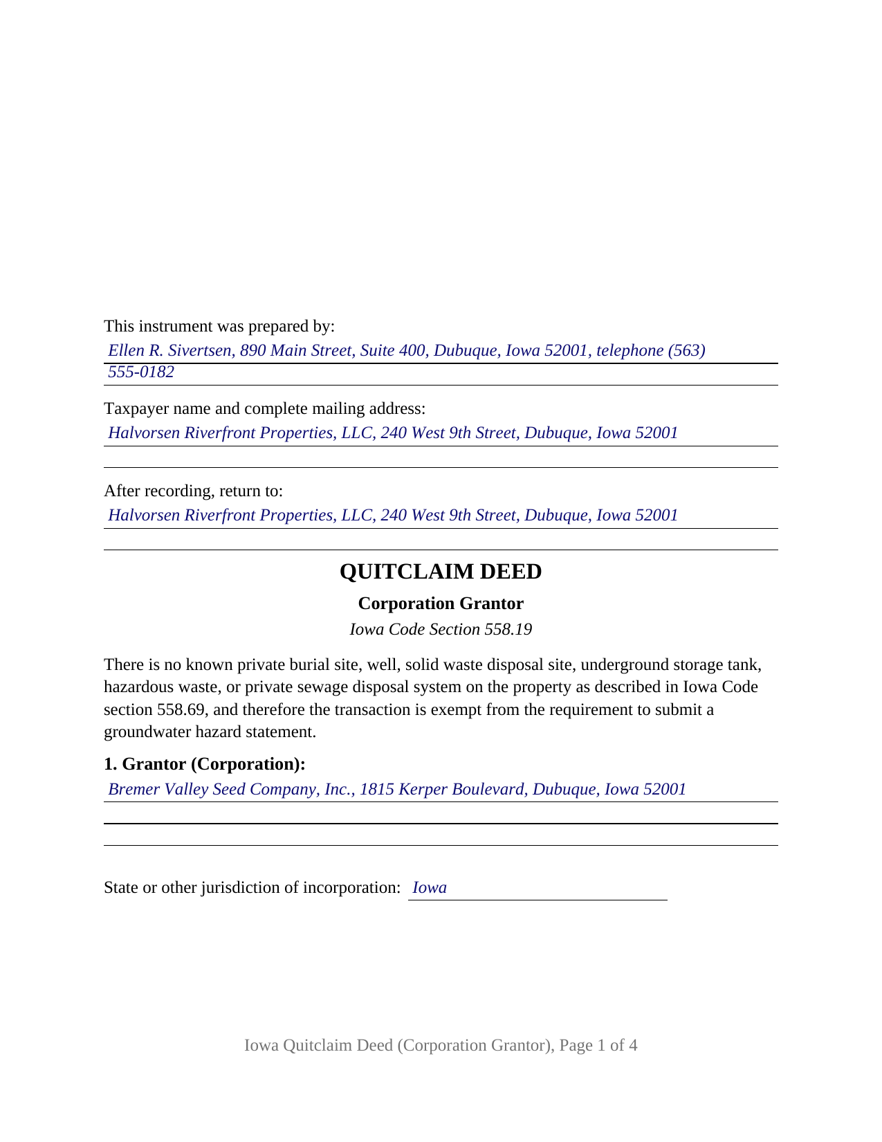 Linn County Completed Example of the Quitclaim Deed (Corporation Grantor) Document