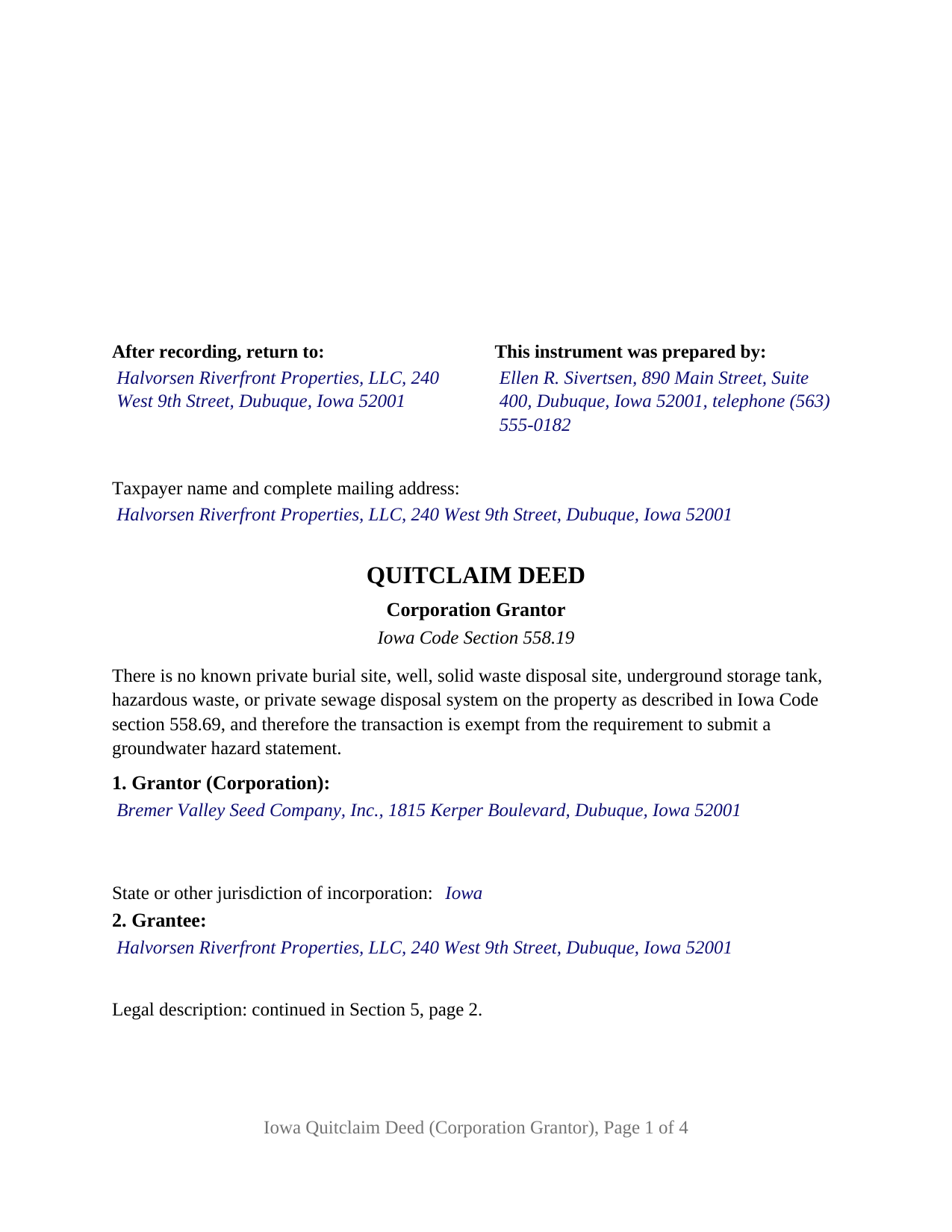 Mills County Completed Example of the Quitclaim Deed (Corporation Grantor) Document