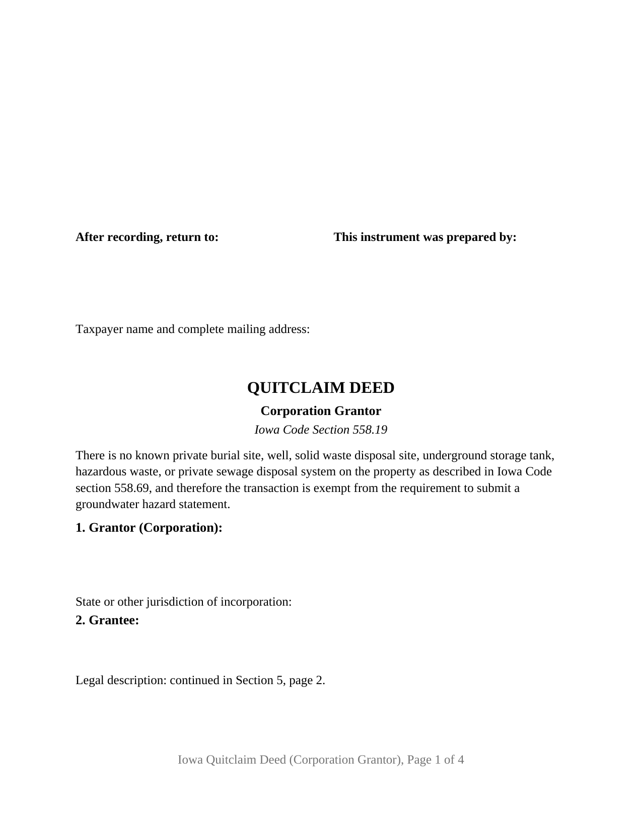 Mills County Quitclaim Deed (Corporation Grantor) Form