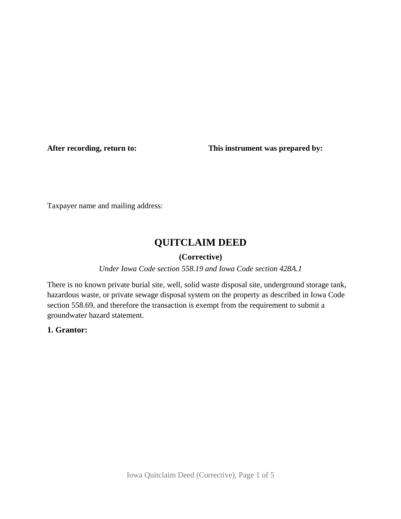 Van Buren County Quitclaim Deed (Corrective) Form