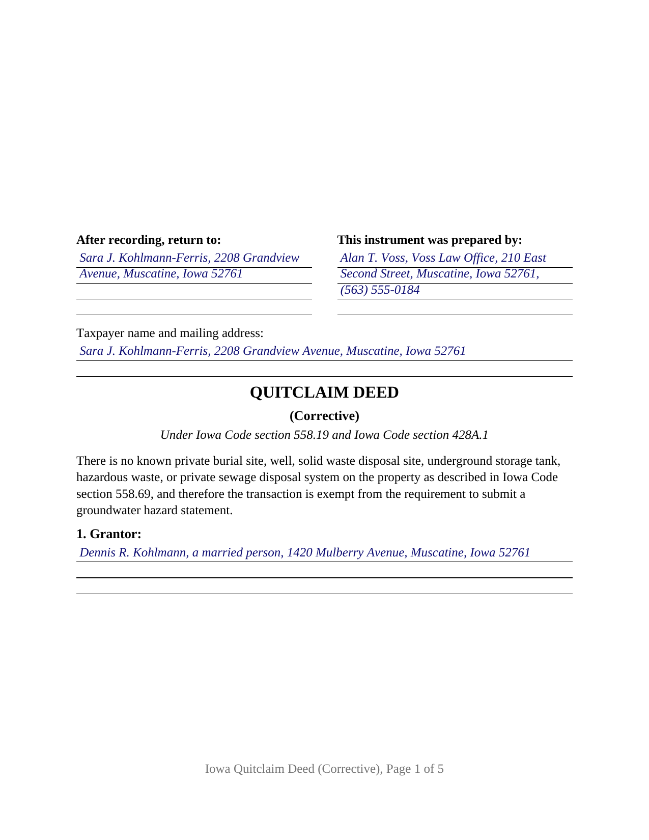 Van Buren County Completed Example of the Quitclaim Deed (Corrective) Document