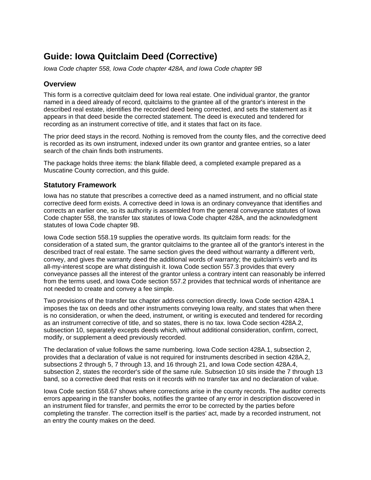 Van Buren County Quitclaim Deed (Corrective) Guide