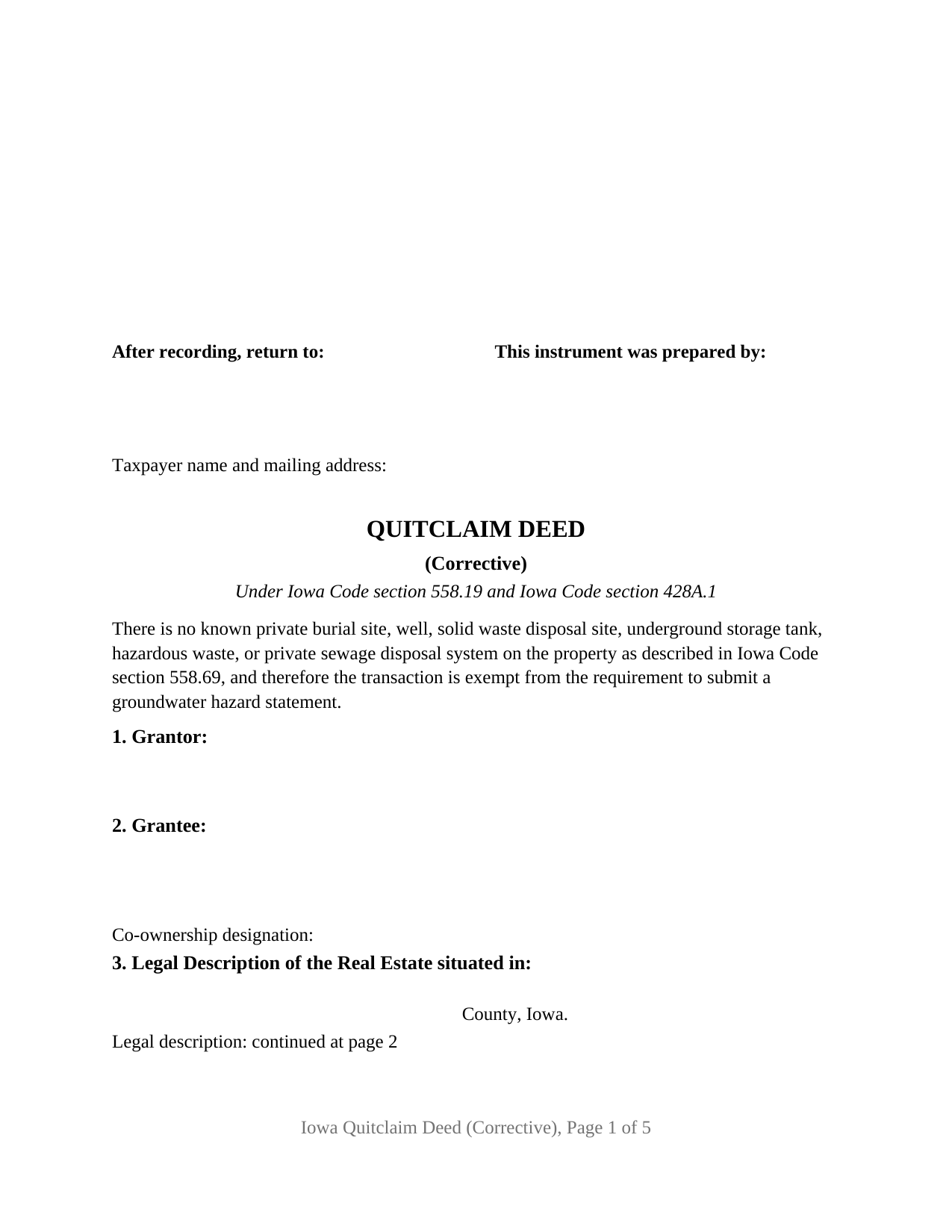 Lee County Quitclaim Deed (Corrective) Form