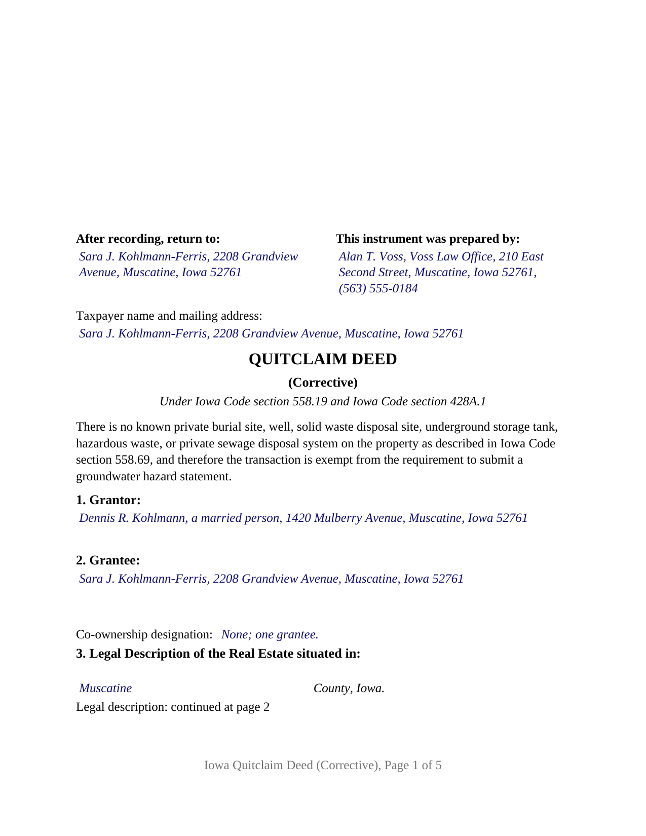 Lee County Completed Example of the Quitclaim Deed (Corrective) Document