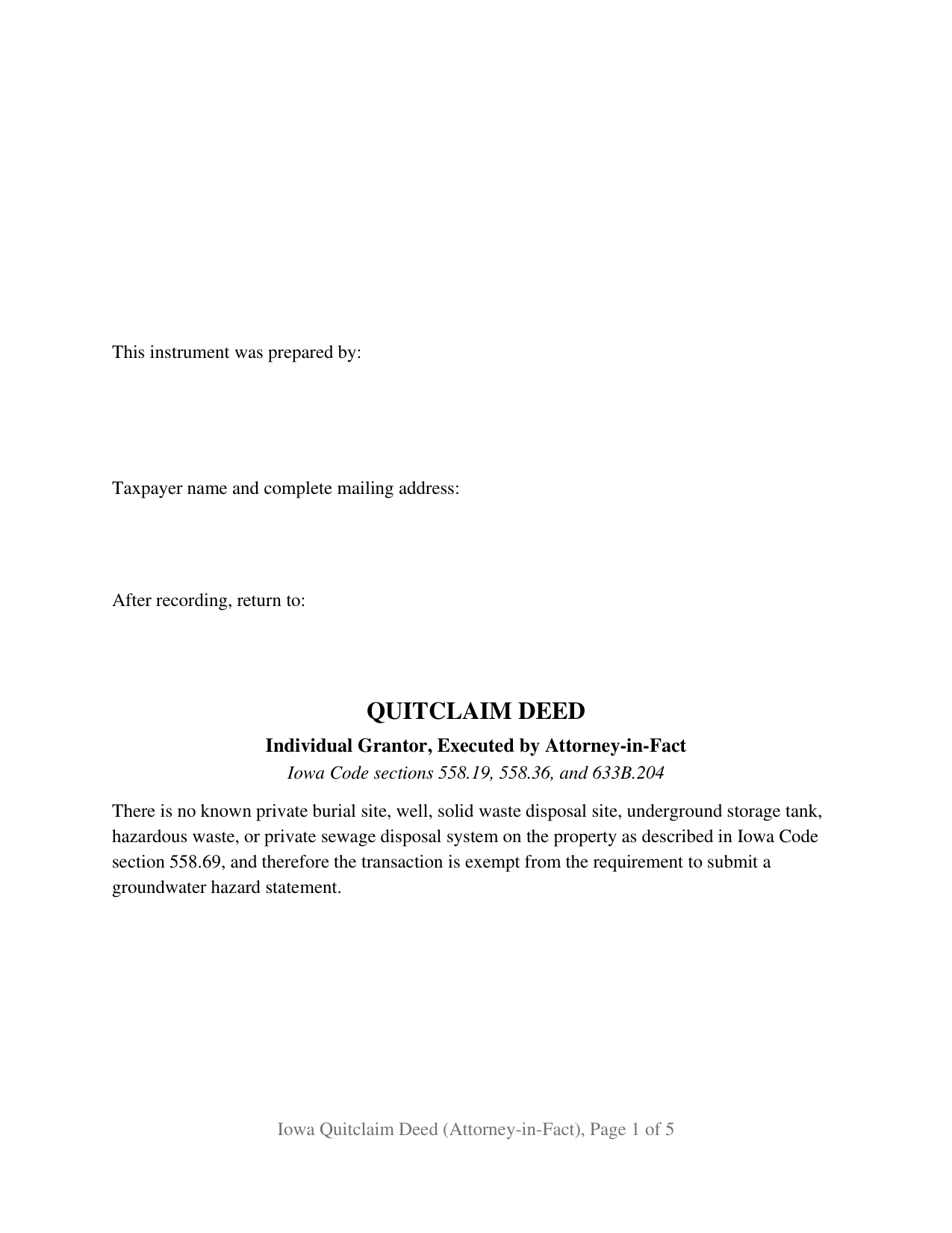 Harrison County Quitclaim Deed (Individual Grantor by Attorney-in-Fact) Form