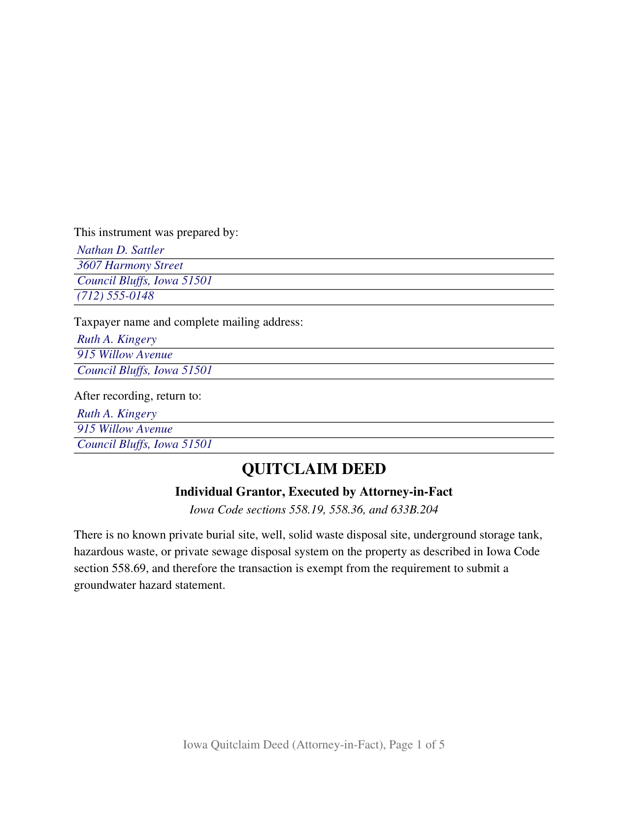 Harrison County Completed Example of the Quitclaim Deed (Individual Grantor by Attorney-in-Fact) Document