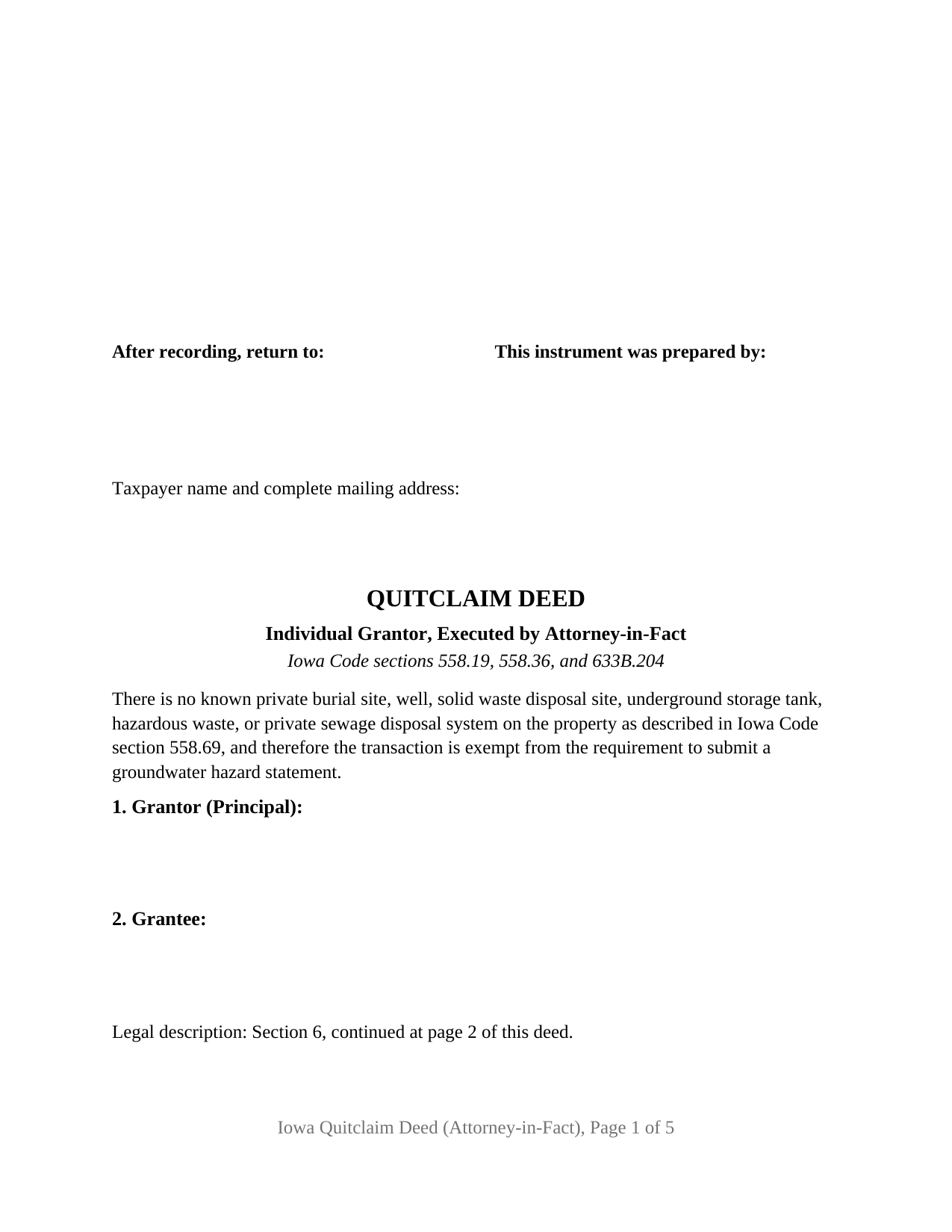 Winneshiek County Quitclaim Deed (Individual Grantor by Attorney-in-Fact) Form