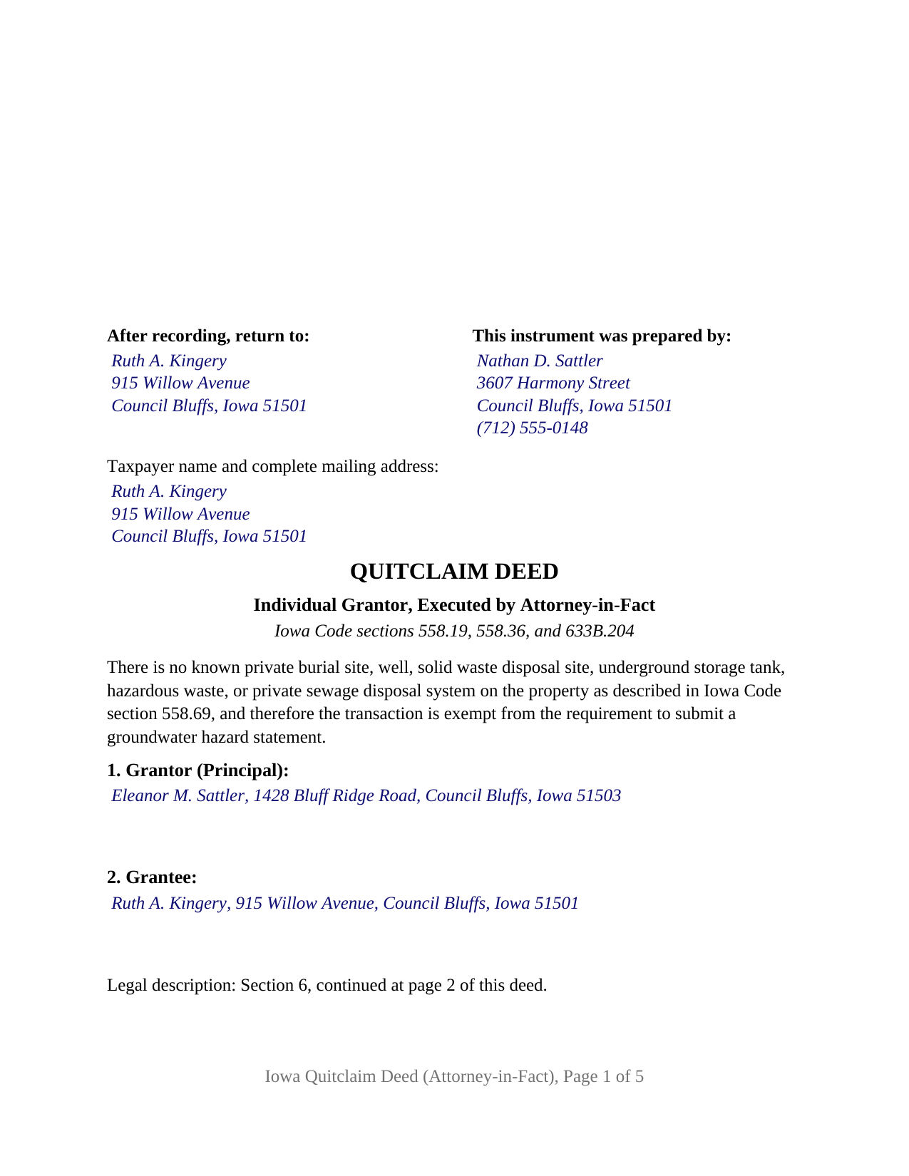 Winneshiek County Completed Example of the Quitclaim Deed (Individual Grantor by Attorney-in-Fact) Document