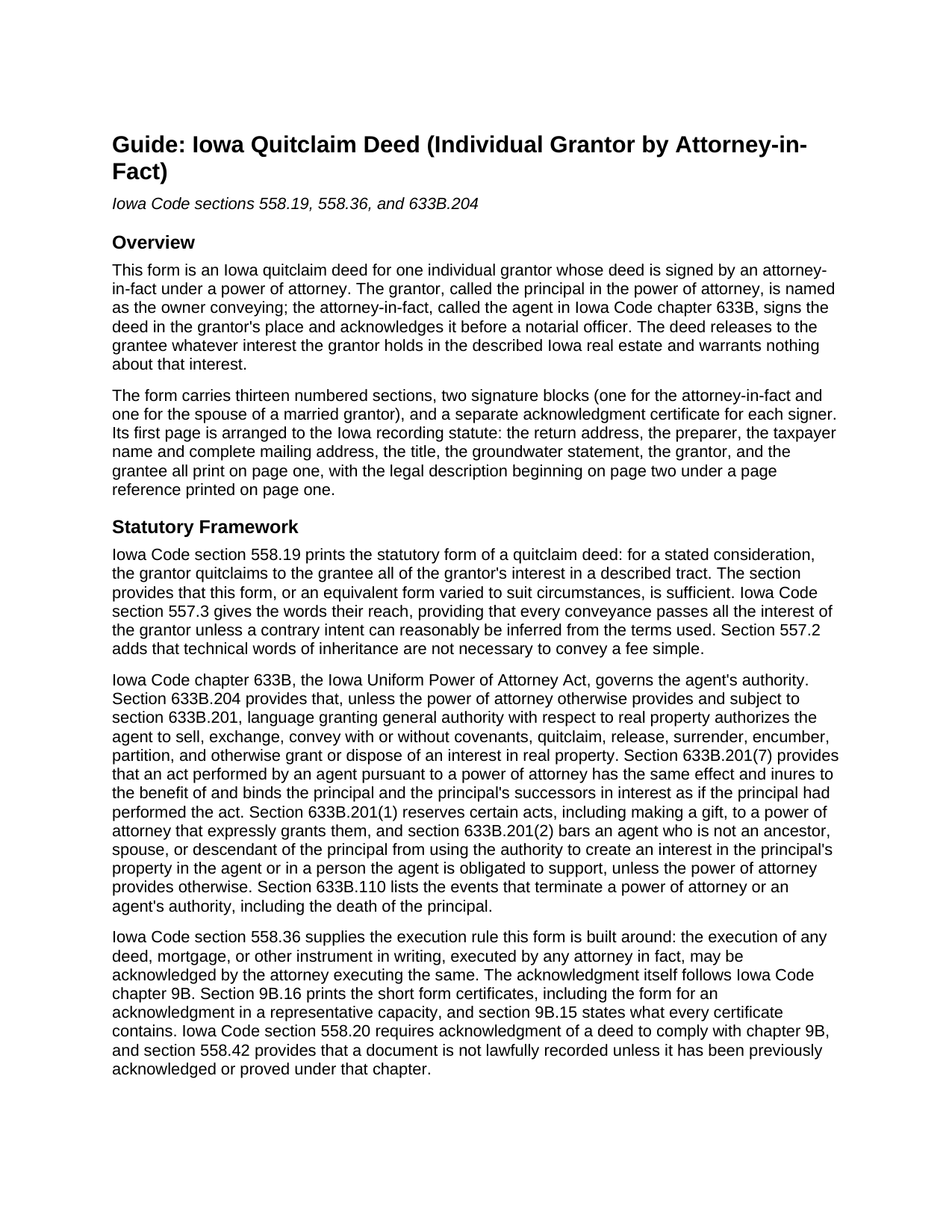 Winneshiek County Quitclaim Deed (Individual Grantor by Attorney-in-Fact) Guide