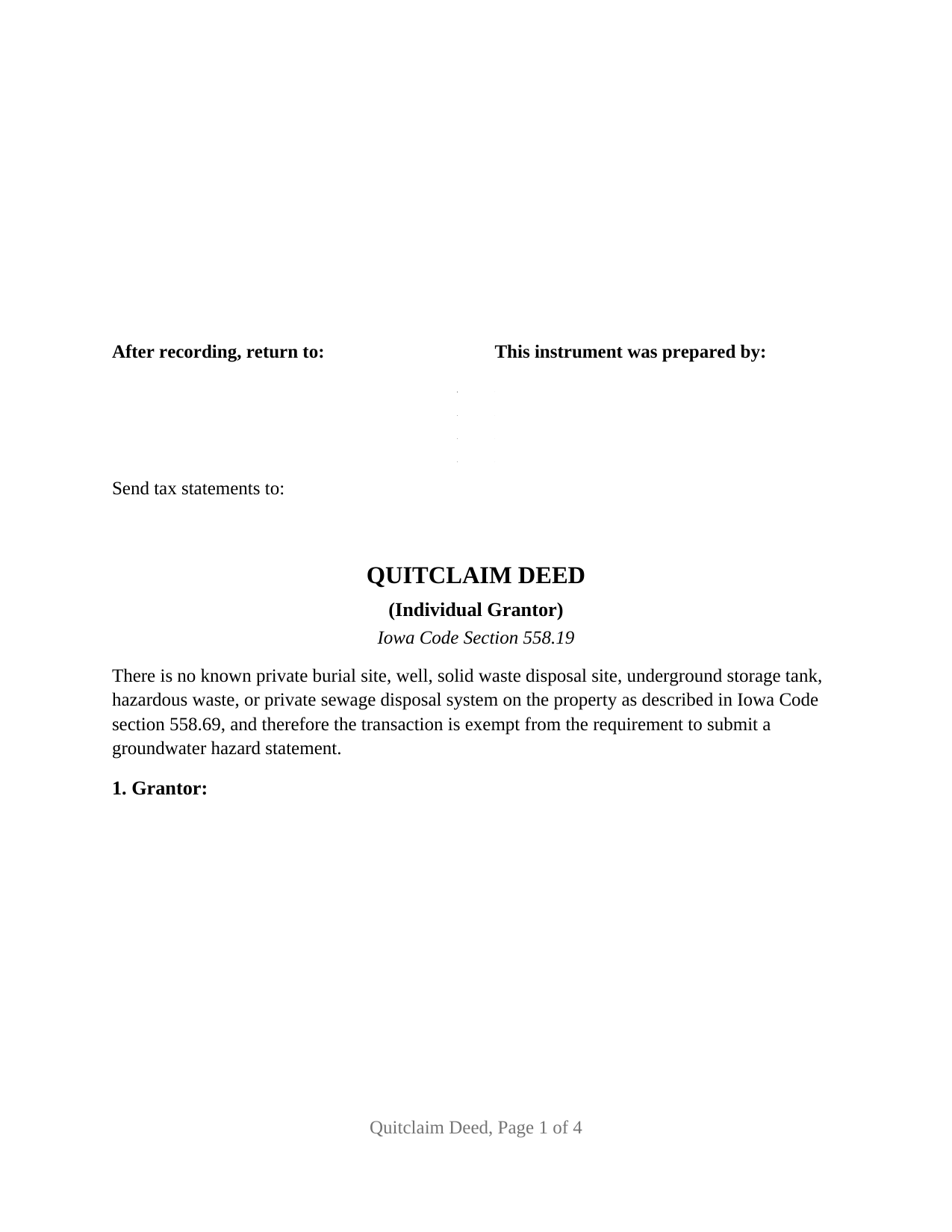 Dubuque County Quitclaim Deed (Individual Grantor) Form