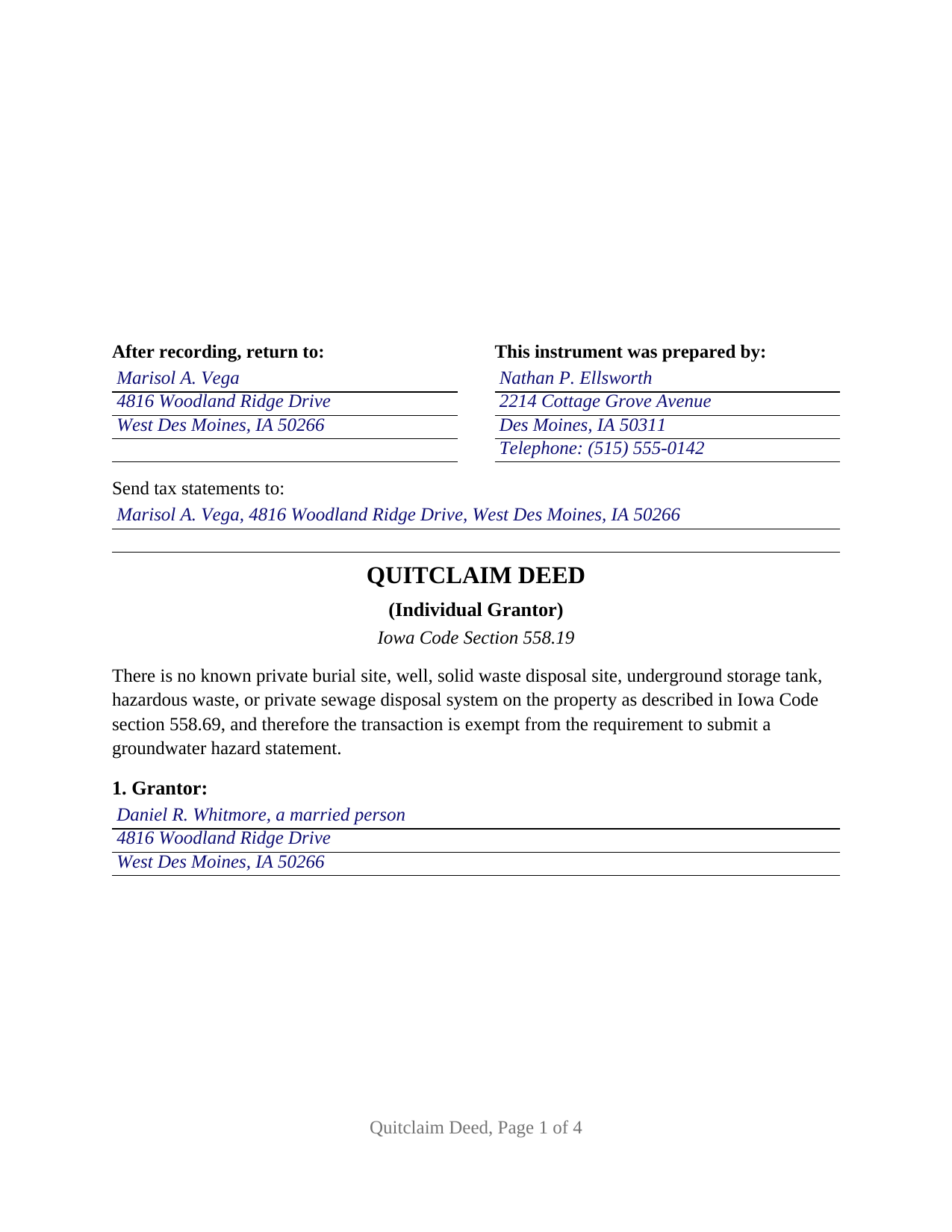 Dubuque County Completed Example of the Quitclaim Deed (Individual Grantor) Document