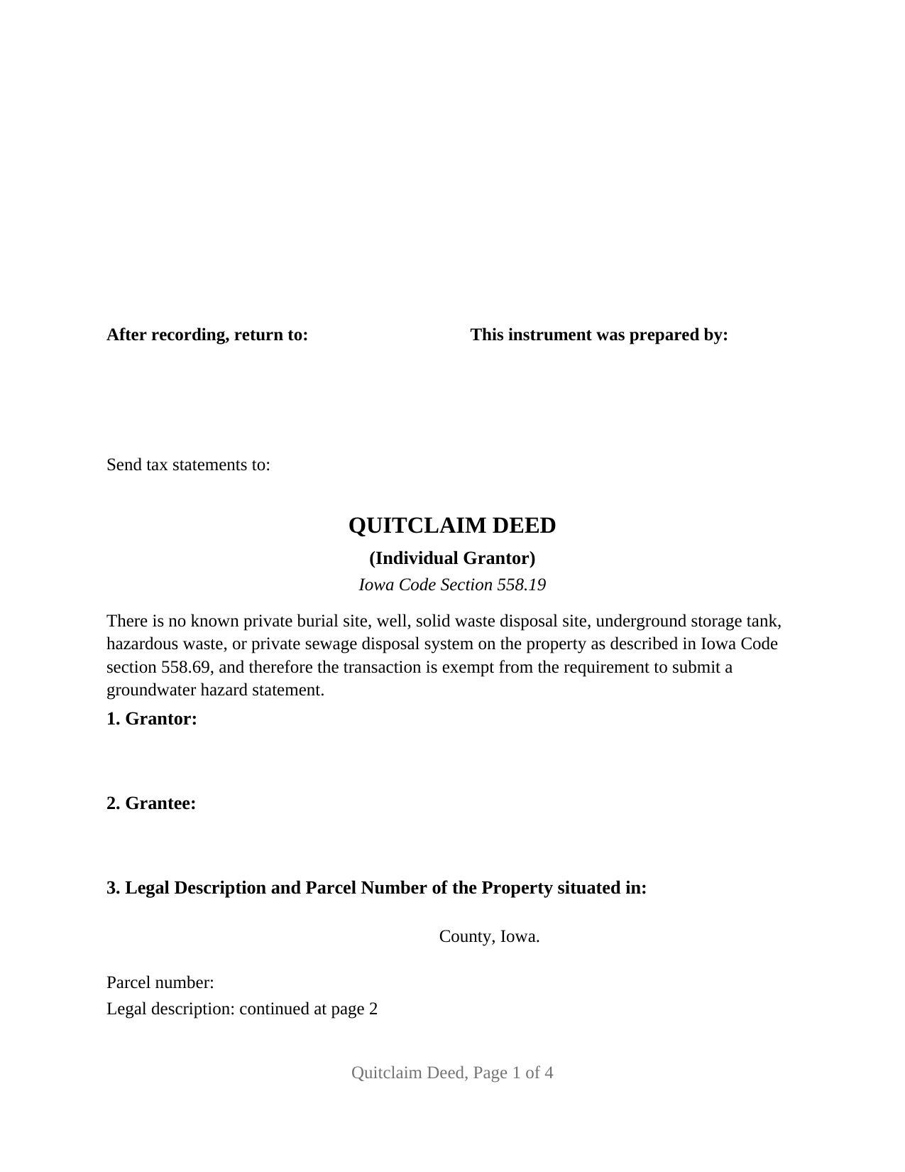 Worth County Quitclaim Deed (Individual Grantor) Form