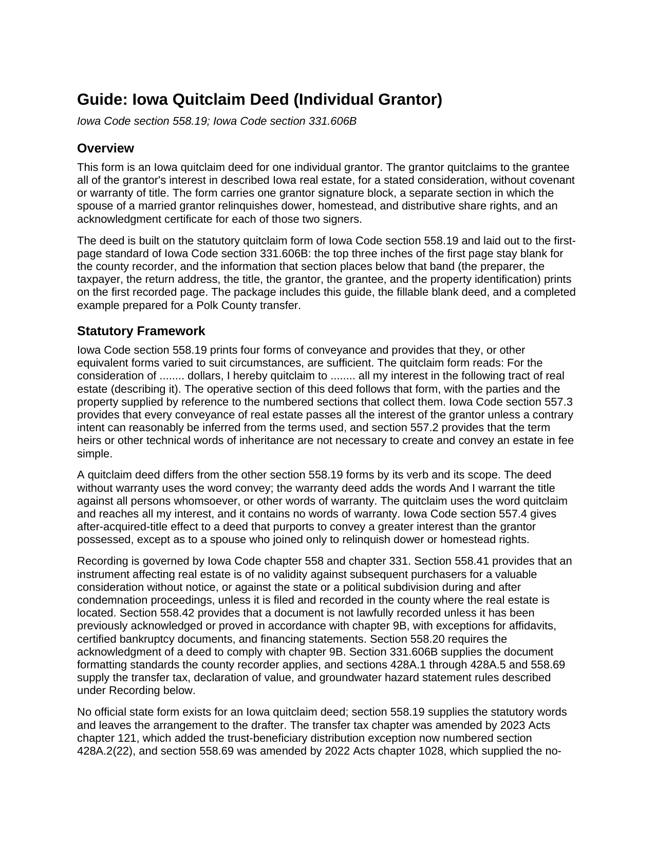 Worth County Quitclaim Deed (Individual Grantor) Guide