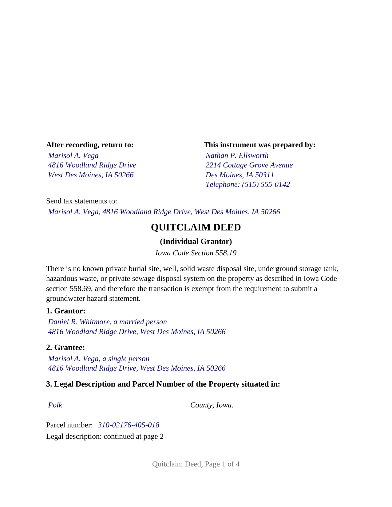 Worth County Completed Example of the Quitclaim Deed (Individual Grantor) Document