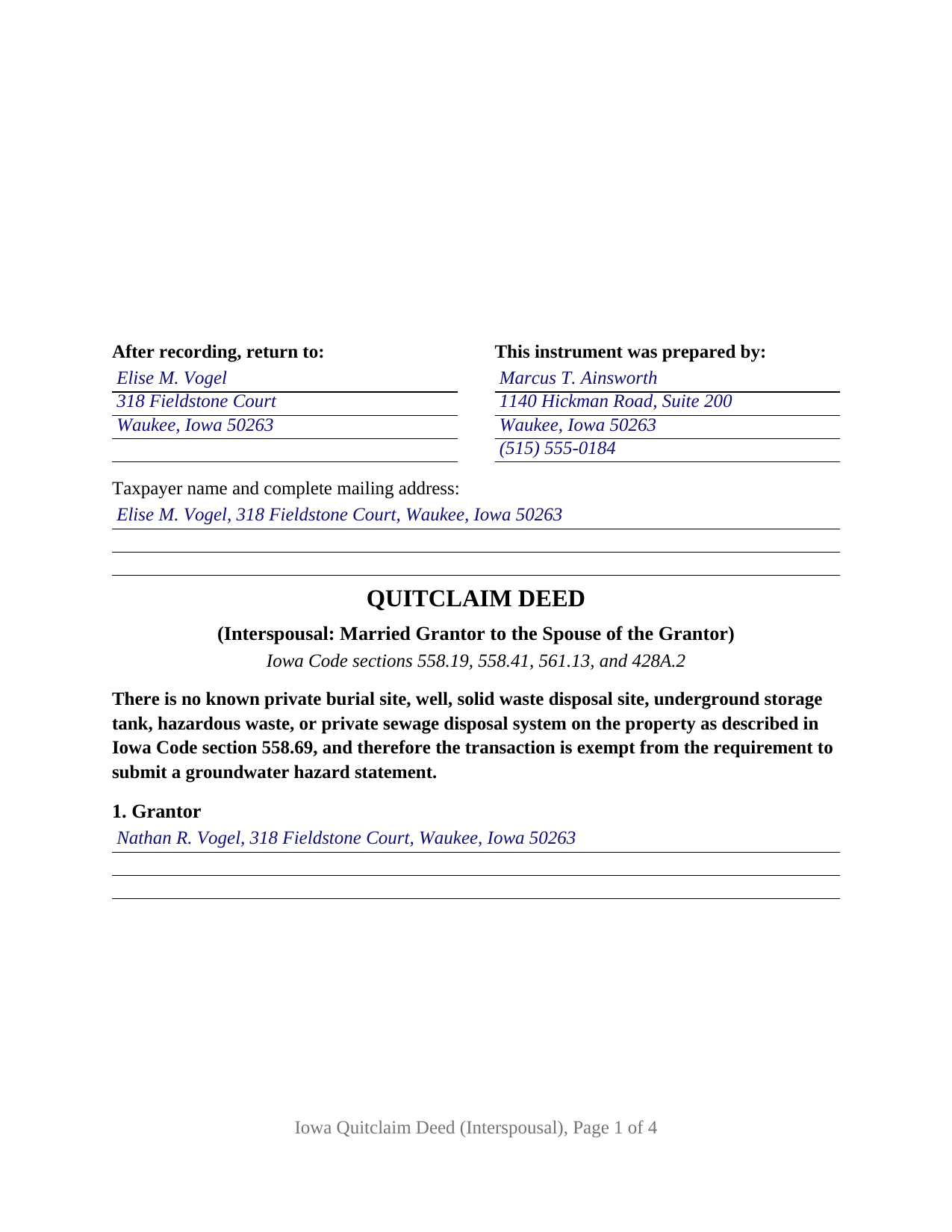 Buena Vista County Completed Example of the Quitclaim Deed (Interspousal) Document