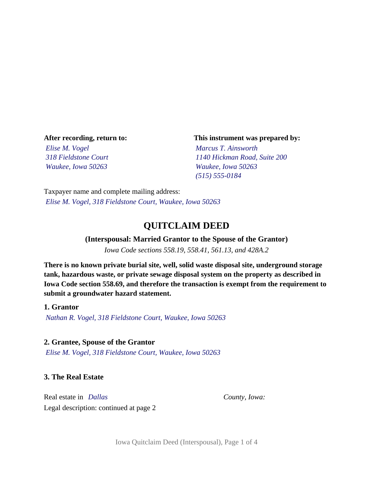 Kossuth County Completed Example of the Quitclaim Deed (Interspousal) Document