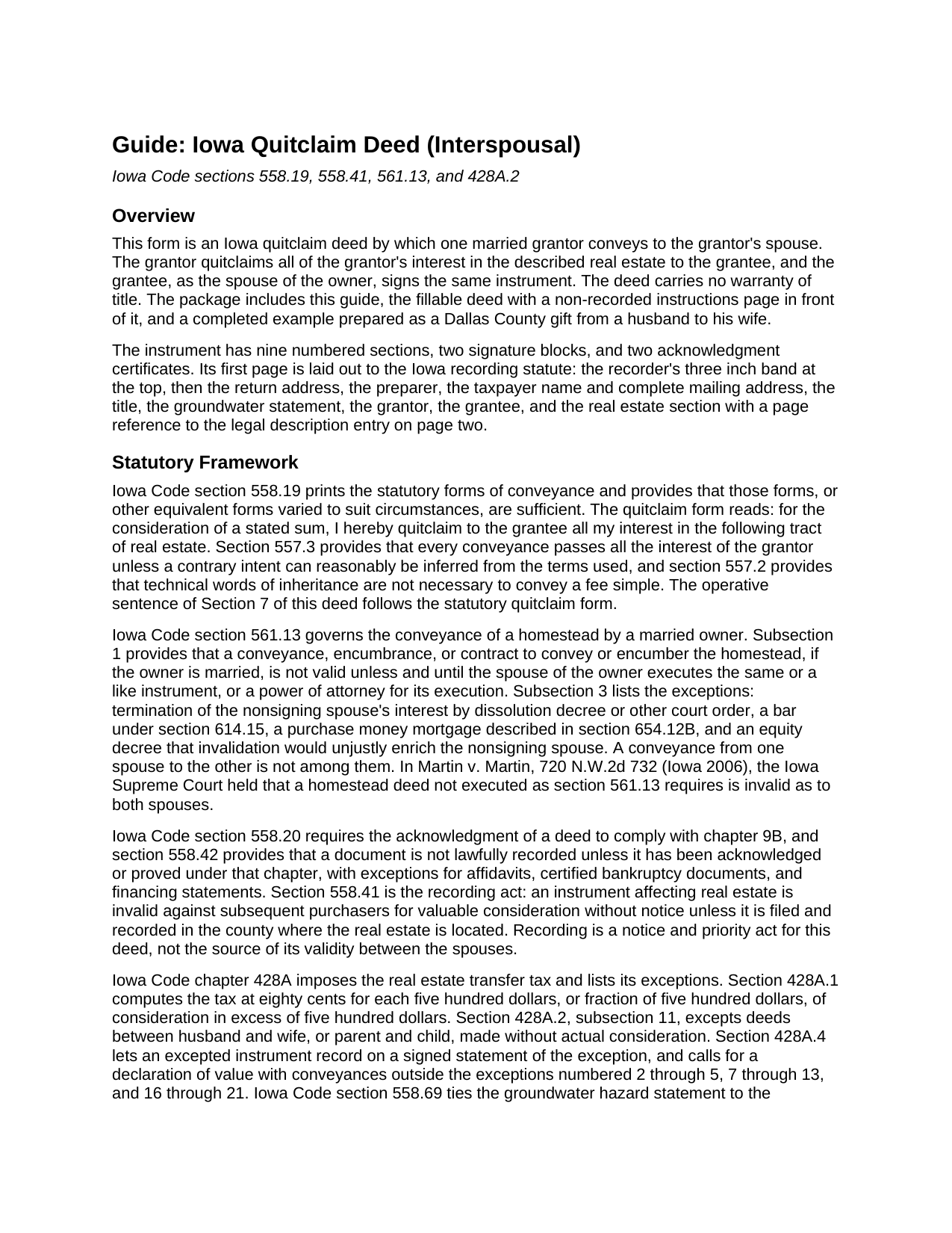 Kossuth County Quitclaim Deed (Interspousal) Guide