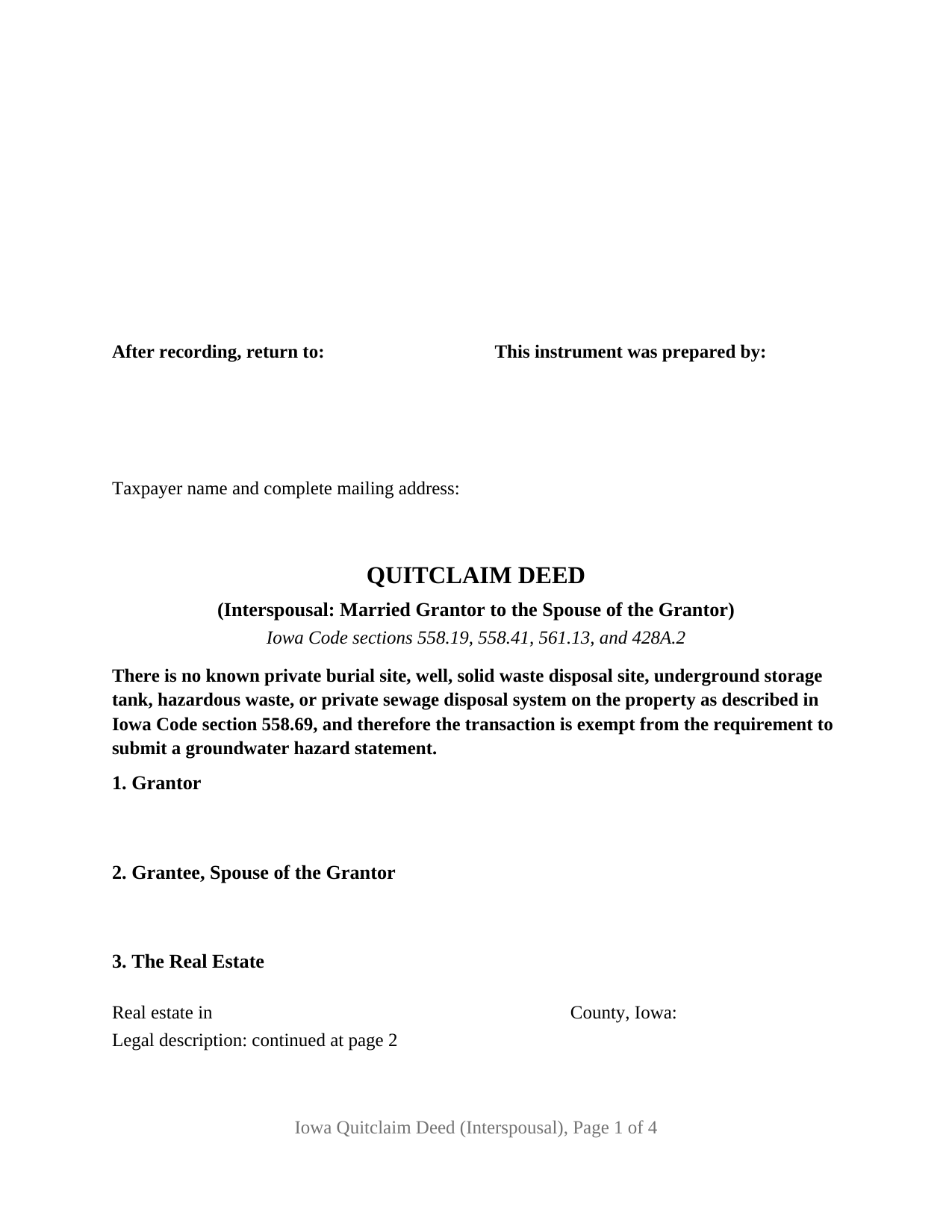 Kossuth County Quitclaim Deed (Interspousal) Form