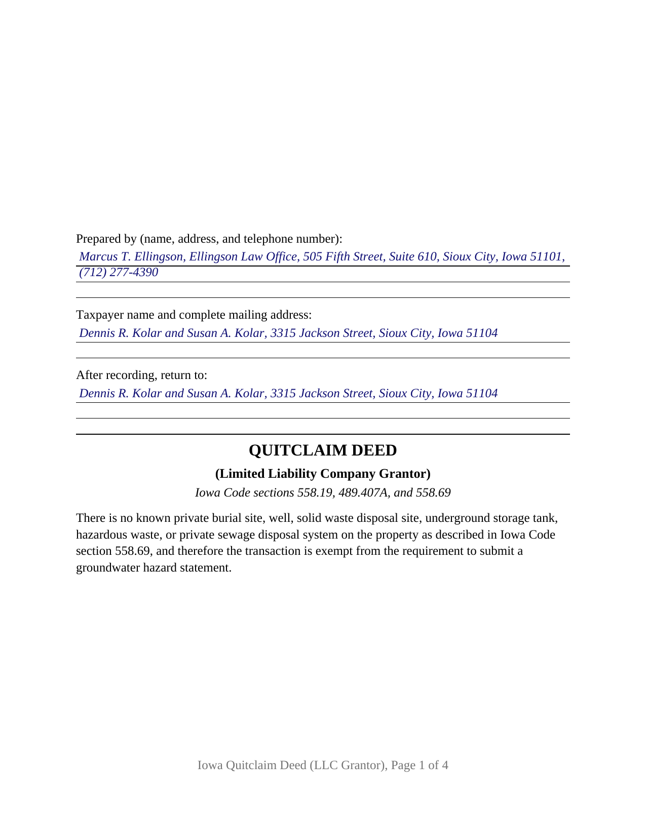 Taylor County Completed Example of the Quitclaim Deed (LLC Grantor) Document