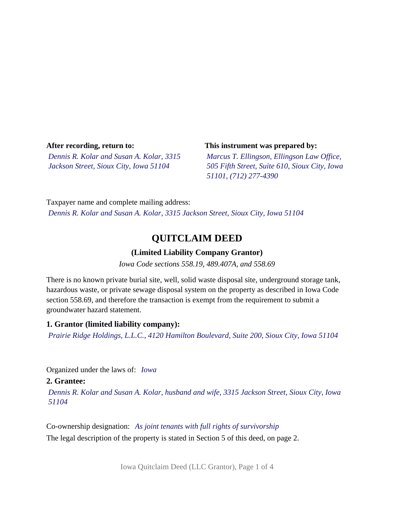 Harrison County Completed Example of the Quitclaim Deed (LLC Grantor) Document