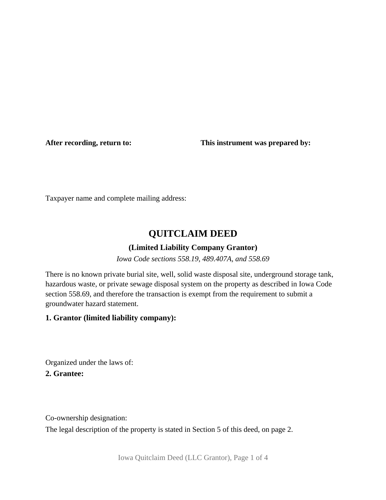 Harrison County Quitclaim Deed (LLC Grantor) Form