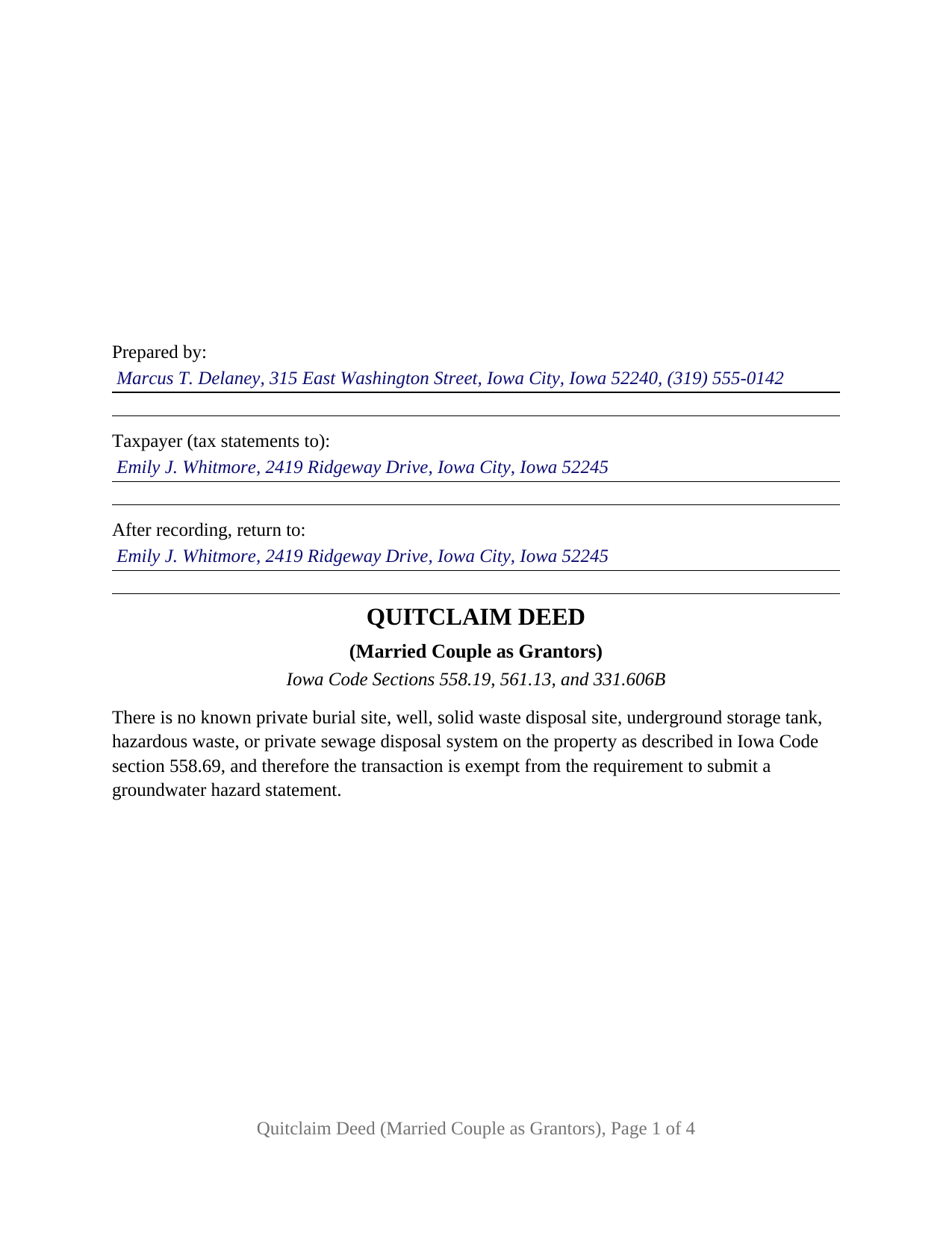 Mitchell County Completed Example of the Quitclaim Deed (Married Couple as Grantors) Document