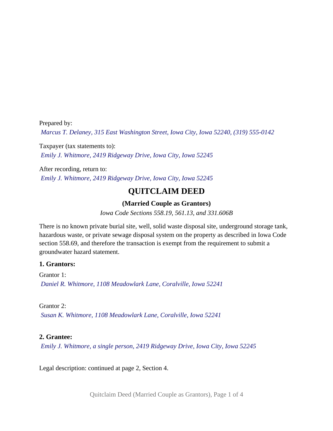 Bremer County Completed Example of the Quitclaim Deed (Married Couple as Grantors) Document